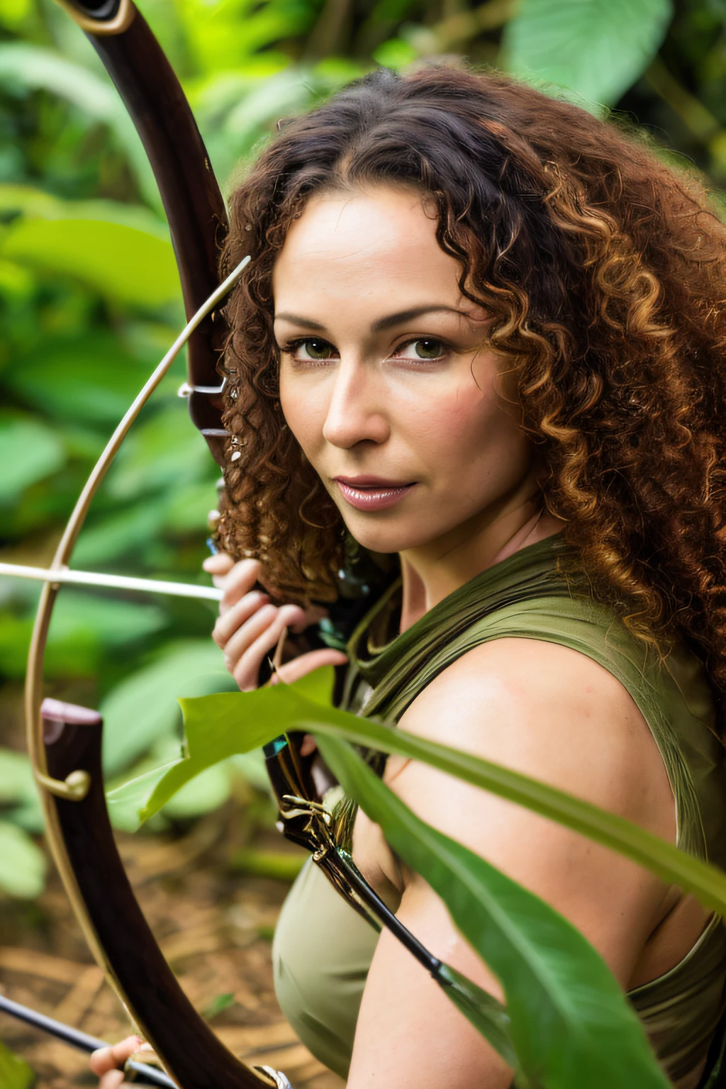 (best quality,Altas,master part:1.2),ultra-detalhado,mulher realista em uma selva densa, hunting with bow and arrow, medium, mulher negra de pele morena com longos cabelos castanhos cacheados e olhos verdes vibrantes