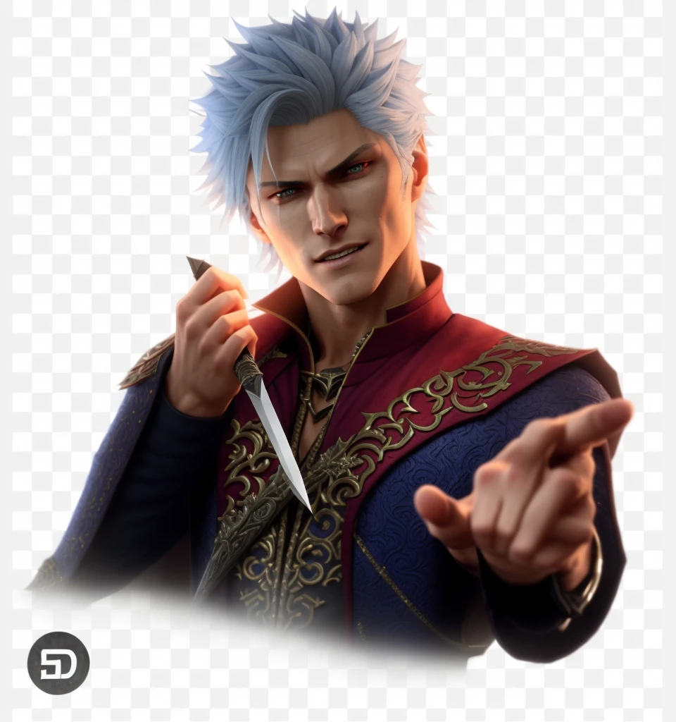 a close up of a person holding a knife in their hand, son of sparda, arcane from netflix, maxwell render, hyperdetailed fantasy character, vergil from devil may cry, dnd render of a man, evil male sorcerer, from netflix's arcane, vergil, official character art, detailed character art, full body dnd character portrait