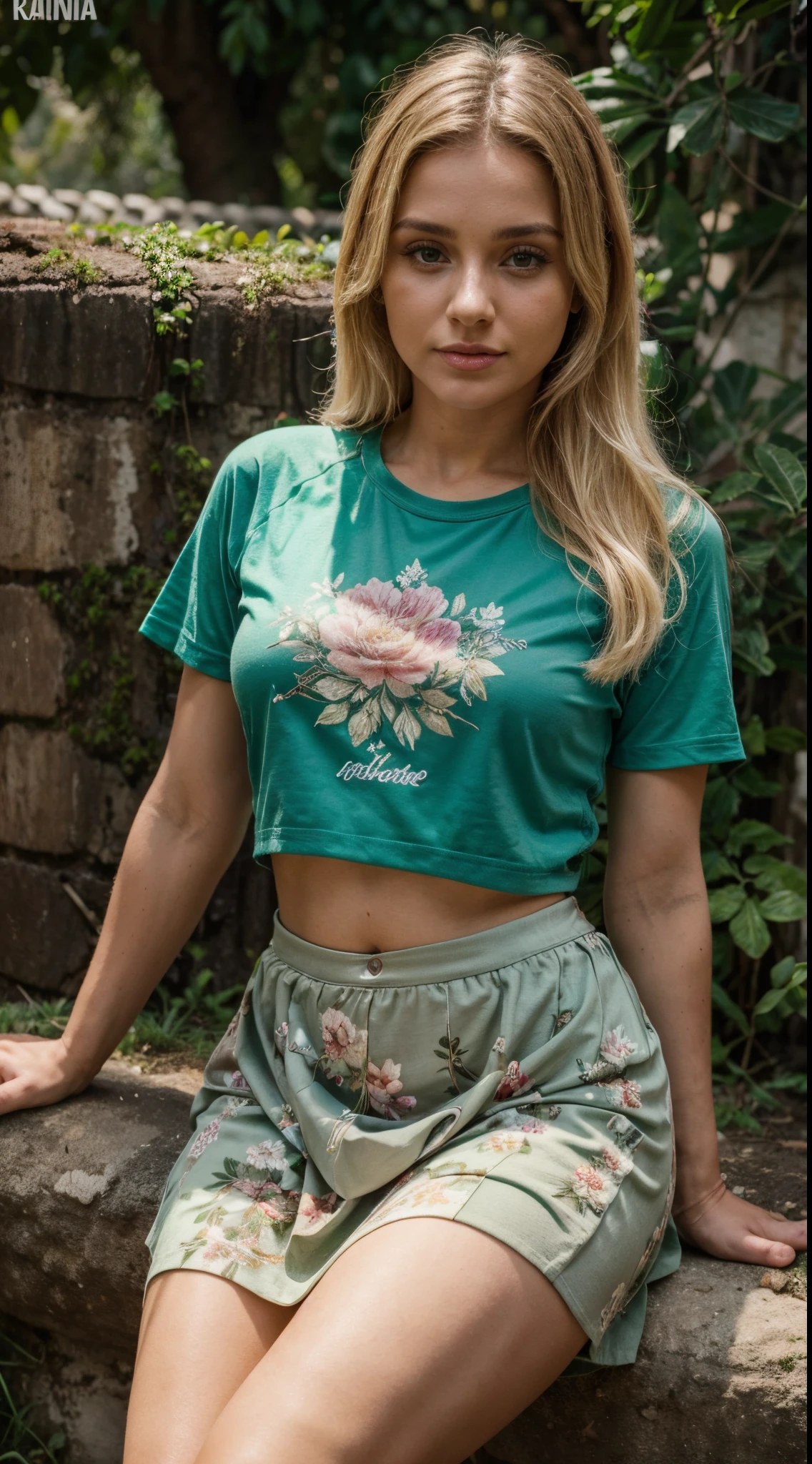 4k, rosto detalhado, mulher loira,Mulher loira bonita, mulher loira, Blonde, fundo campo verde com montanha, camisa floral, skirt,
