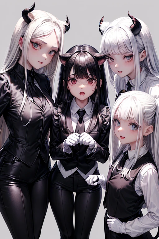 Vista frontal de corpo inteiro, (((Apenas 3 meninas),
Physical appearance Cerberus: Elenco de Helltaker, A short demonic girl with pale skin, red irises, uma cauda de ponta de seta preta, e cabelos brancos prateados;. Representado como 3 meninas em vez de 1, They have white canine ears that emerge from beneath their hair on top of their heads.... They also have small fang-shaped canine teeth present in their mouths... Use roupas mais apertadas, with red long-sleeved shirts under black striped vests and tight black pants. Eles usam punhos pretos sobre suas camisas vermelhas logo abaixo do ombro, plus black gloves and black ties hidden under vests.. Their tails appear to emerge from beneath their vests and over their pants... Solar rear lighting))