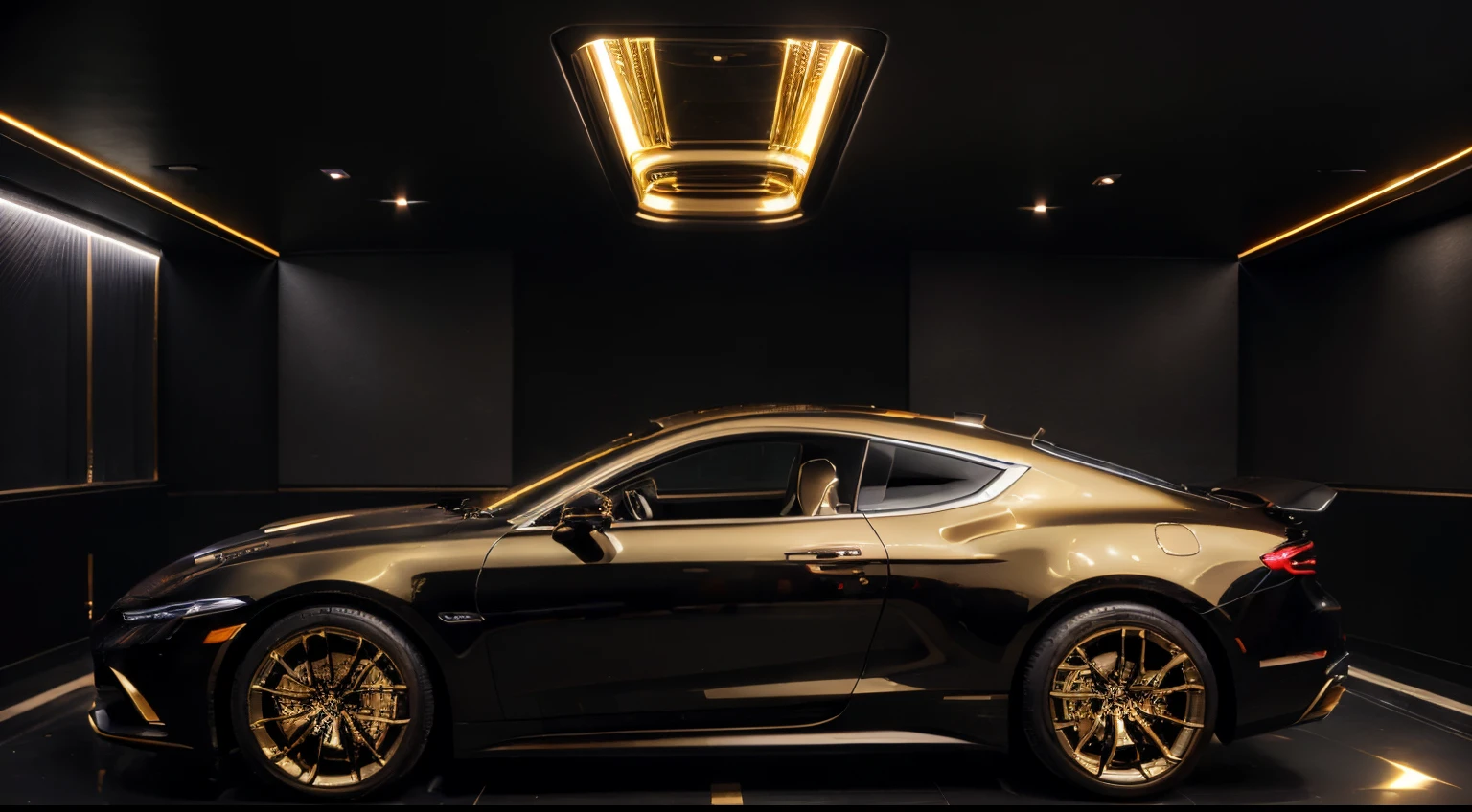 best quality,4k,8k,highres,masterpiece:1.2),ultra-detailed,(realistic,photorealistic,photo-realistic:1.37),luxurious black modern concept car with gold details,shiny black body,gold-plated rims,sleek and aerodynamic design,reflective surface,elegant curves,sparkling gold accents,high-tech LED headlights,sophisticated interior with leather seats and gold trims,smooth and polished finish,high-performance engine with roaring sound,captivating and futuristic atmosphere,exclusive and prestigious vehicle,under city lights,majestic presence on the road,luxury lifestyle symbol,colorful urban backdrop,vivid and dynamic colors