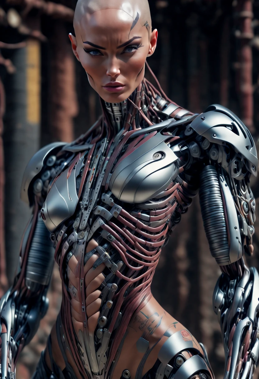 (beautiful muscular female cyborg:1.25), (megan-fox:1.5), (full body pose), (metallic muscular armor:1.5), (no hair), (bald head covered in cables:1.5), (robotic mechanical physique:1.5), (super muscular female cyborg:1.5), (covered in cables and mechanical muscles:1.5), (android muscular anatomy:1.5),  (perfect fingers:1.25),(8k, RAW photo, photorealistic:1.25), sci fi atmosphere, futuristic dystopia, alien landscape,