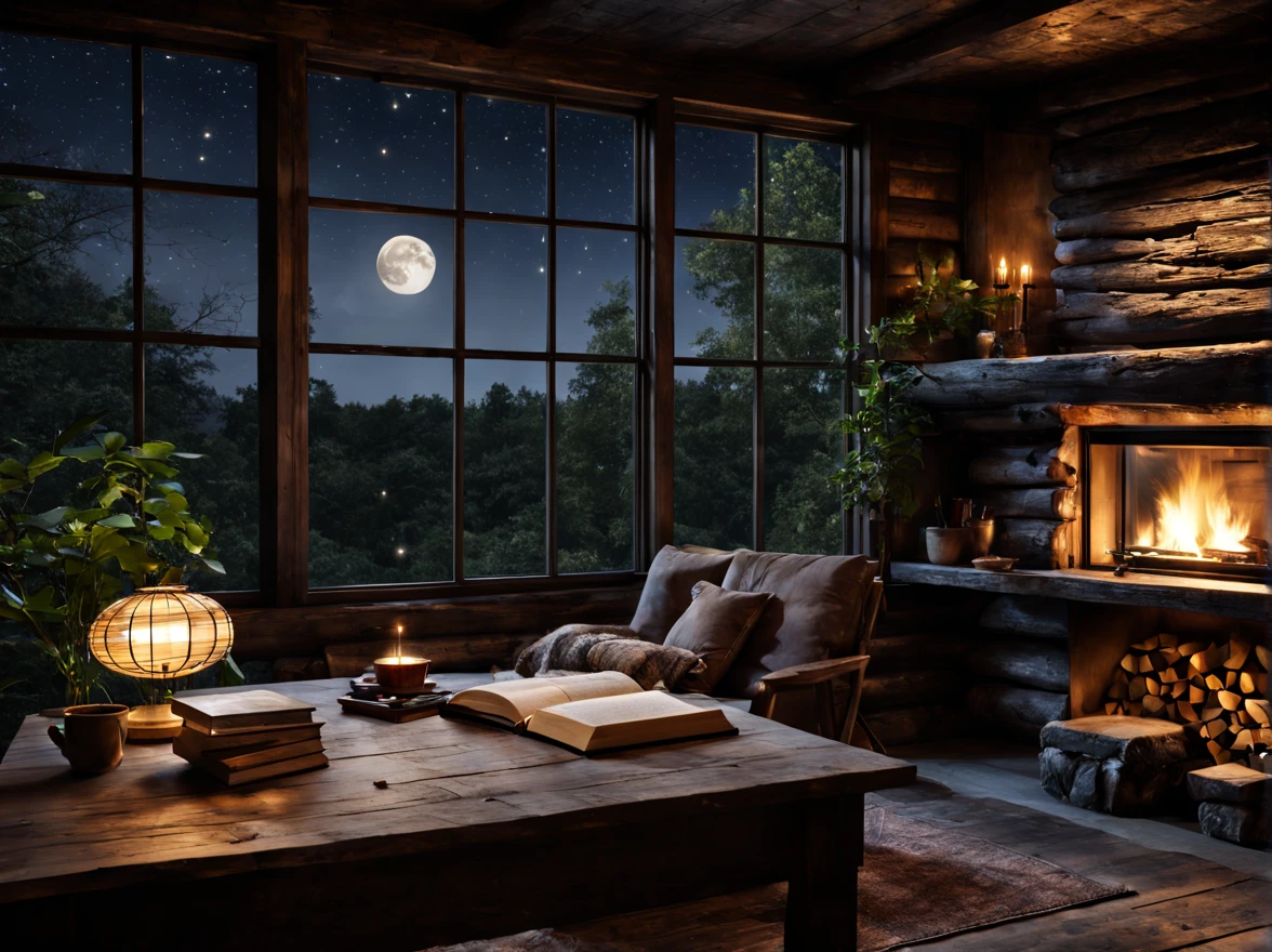 Dark interior ,Large window letting in moonlight,Unique and rustic design,,Warm and inviting atmosphere,crackling fireplace,base material desk,book case,Soft and warm lighting,subdued colors,natural material,wood paneling,The moon and stars floating in the sky,beautifully landscaped garden,rustling leaves,quiet and serenity,cover,Escape from busy city life,A perfect place for relaxation and meditation
