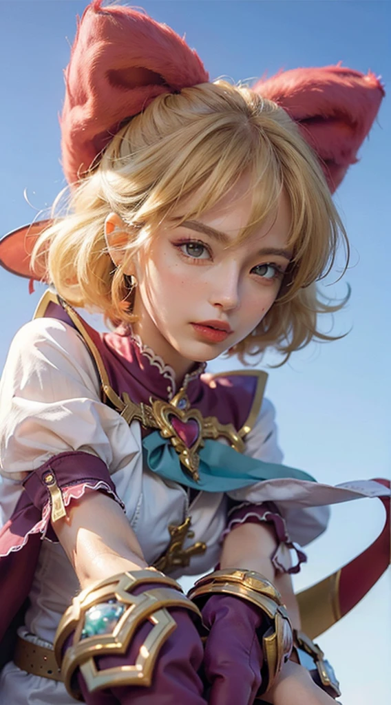 foto studio sangat realistis seorang anak perempuan, umur 8 tahun, cosplay menjadi nana hero mobile legends, background warna hitam, close up