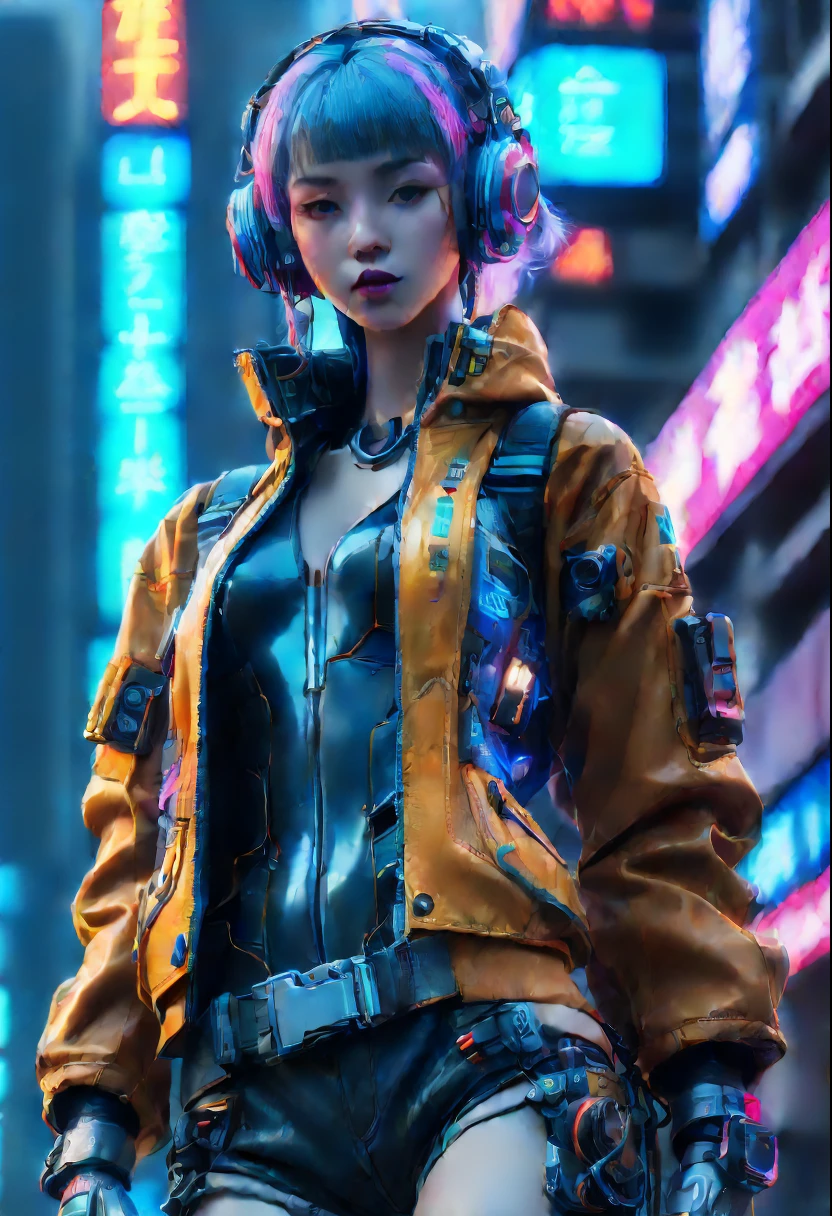 ((extremely delicate and beautiful cybernetic girl)), ((mechanical limb, blood vessels connected to tube, mechanical vertebrae)), ((mechanical cervical attaching to neck)), (wires and cables attaching to neck:1.2), ((mass of wires and cables on head)), ((wearing colorful Harajuku tech jacket with logos)), (character focus), ((dynamic pose)), ((cowboy shot)), (masterpiece), (((best quality))), ((ultra-detailed)), (highly detailed photorealistic CG illustration), cinematic lighting, science fiction, extremely detailed,colorful,highest detail, (((cyberpunk city background, Blade Runner city streets)))