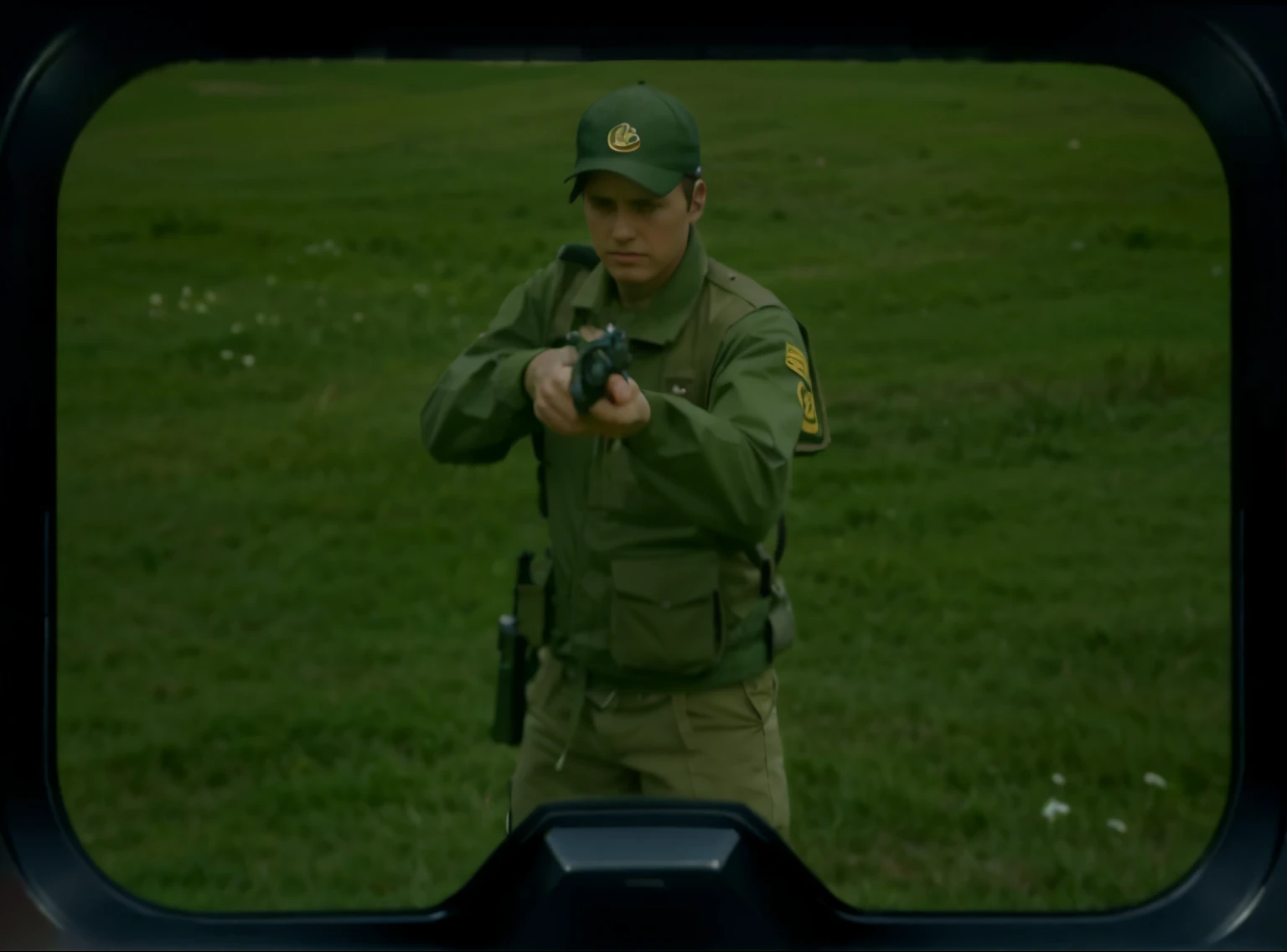 Assailant holding handgun with both hands, scouting the area, highly detailed grass