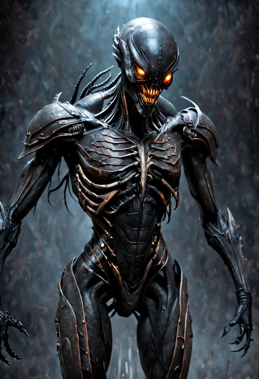 01_Black light. The epic character of alien origin. (1 creature). (Close-up). (Full growth). (The atmosphere of the movie “Alien”). Bionic forms, a creature with anthropomorphic characteristics that resembles a girl. A very beautiful creature, walking on two legs, similar to a predator (entomological characteristics of insects). A very beautiful elongated head, alien in shape, (hairstyle - thick dreadlocks, fetish in hair- teeth, shamanic amulets). Very beautiful - exotic face, slanted eyes, wide cheekbones, sensual lips, slightly open mouth, white - neat teeth, small fangs. General style – Alien woman; (film of the same name). A half-naked body with dark - black skin, a wide neckline, and small - beautiful breasts, the body is covered with an exoskeleton, scars, hard black scales, the texture of the exoskeleton with artificial material (stone plastic and bionics, ground, polished, smooth, bas-relief, bionics, cyberpunk – they decorate protective plates on a very beautiful body, shoulders, knees, arms). The anatomy of an alien creature with pronounced sexual forms, an elegant physique, small breasts in a wide neckline, a muscular system, smooth dark skin, covered with armor - an exoskeleton. The armor is decorated with scars - notches, relic bas-reliefs of alien meaning - the skulls of victims. Blacklight penetrates the forms from within. The whole picture embodies the black theme, black glow, antimatter, space - like symbol of black infinity. 02_Highest quality. Masterpiece. Cinematic image. 3D visualization. The scene was recreated using Unreal Engine. The highest quality, details, textures, materials, and clear forms (smooth bionic, synthetic material, artificial stone, plastic, metal). Black radiance from the depths of forms, an alien ship, an alien civilization, alien worlds. One creature. Frontal camera view, perspective, with watery ceilings, deep grotto, and membrane floor.
