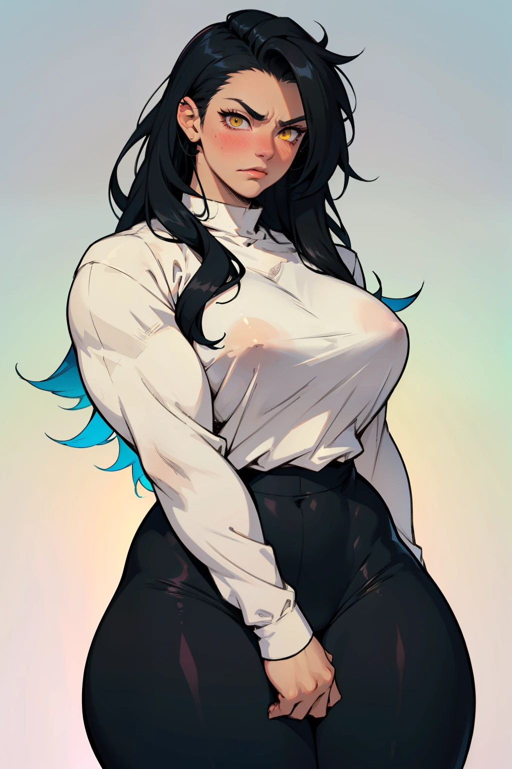 1girl solo black hair yellow eyes very long hair pale skin muscular muscular muscular muscular toned body huge muscles thick thighs girl tight clothes angry blushing messy hair tight shirt long sleeves thick thick thick thick (gradient hair gradient hair gradient hair gradient hair gradient hair gradient hair)