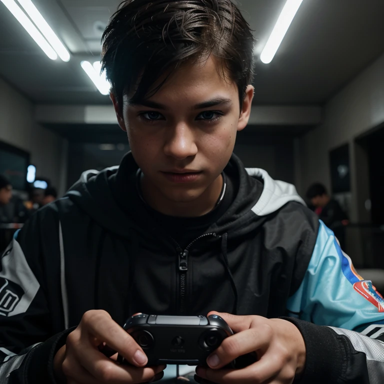 Generate a high-quality image using artificial intelligence with advanced levels of detail and a cinematic style. Create a picture of a boy gaming on a cellphone, capturing the dynamic essence of the moment with cinematic flair.