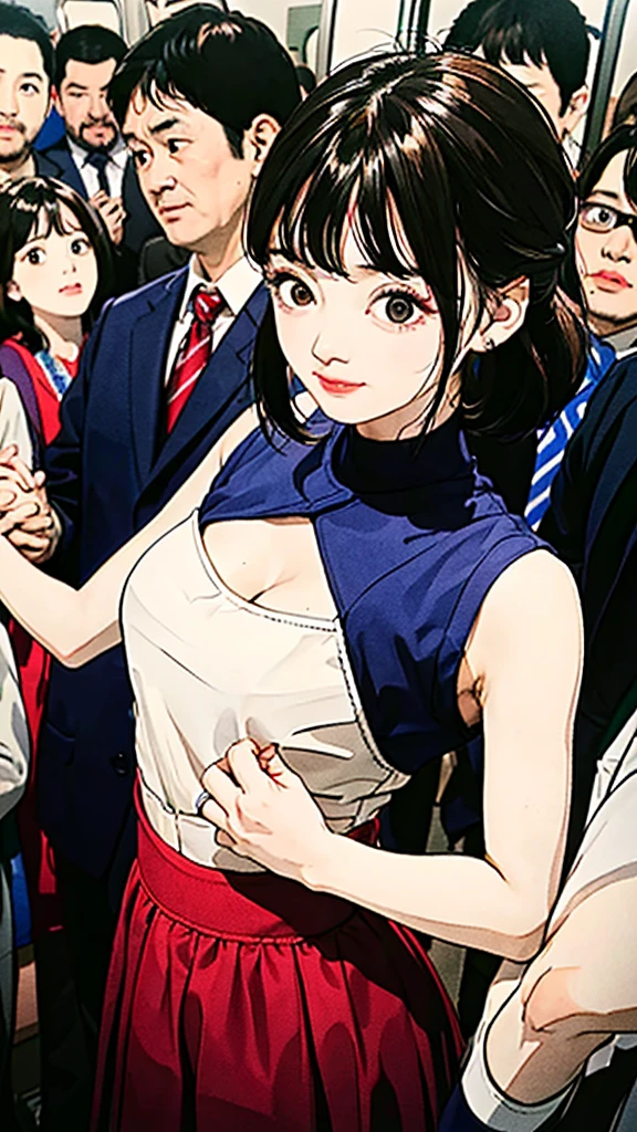 (Best quality at best, 8K, 32K, tmasterpiece, hyper HD: 1.2), depth of fields: 1.2, Black smoke: 1.1, Cute Japan Woman Picture, Little woman, 20yr old, Beautiful and perfect face, short detailed hair, pony tails, with short brown hair, beauitful face, Elongated: 1.2, small: 1.2, Complicated details, SENSE OF CINEMA,the shy, Panicked face, with her mouth open,Pleasant expression, cow boy shot, Composition with no faces visible except for women, lookingat, Embarrassing: 1.2, Crowded trains: 1.37, Squeeze: 1.37, The focus on the armpits, long skirt, Thin fabric, Tong, Mekosuji, The crotch opens, The are very prominent, Clothes that show cleavage, exposed from the side, Exposing armpits, of the navel, (Being harassed, Surrounded by tall men on a crowded train, body in intimate contact with men, Male puts hands on lower body, Subdued by a man, covered lift, skirt lift: 1.1), (beautiful slip: 0.9)