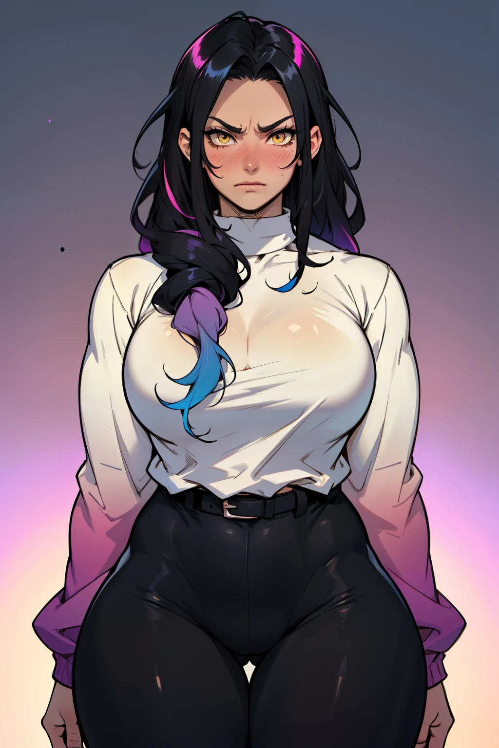 1girl solo black hair yellow eyes very long hair pale skin muscular muscular muscular muscular toned body huge muscles thick thighs girl tight clothes angry blushing messy hair tight shirt long sleeves thick thick thick thick ((gradient hair gradient hair gradient hair gradient hair gradient hair gradient hair))