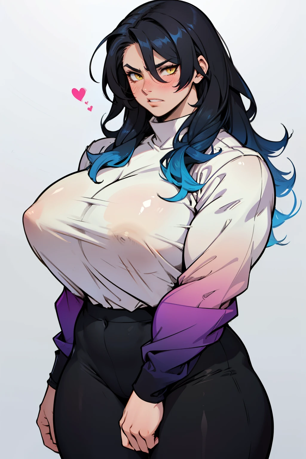 1girl solo black hair yellow eyes very long hair pale skin muscular muscular muscular muscular toned body huge muscles thick thighs girl tight clothes angry blushing messy hair tight shirt long sleeves thick thick thick thick ((gradient hair gradient hair gradient hair gradient hair gradient hair gradient hair))