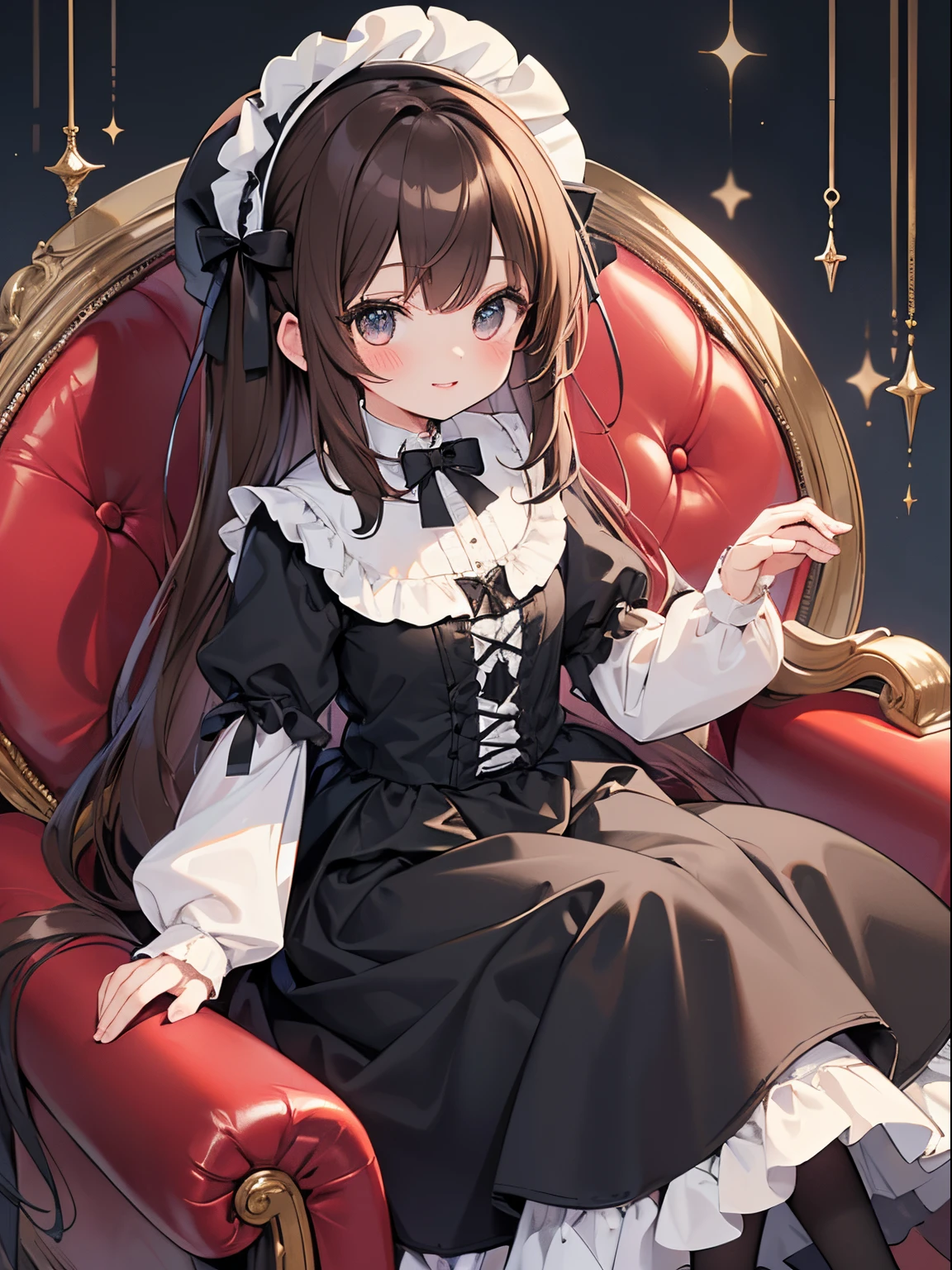 (Top Quality, 4K, High Resolution, Masterpiece), ((Perfect Anatomy)), Cute Girl, Chibi, (Brown Hair, Long Hair, Gradient Eyes), ((👄)), Smile, BREAK, ((Crinoline)) , black gothic lolita, (very long skirt: 1.3), sitting on a gorgeous chair, black full bonnet,