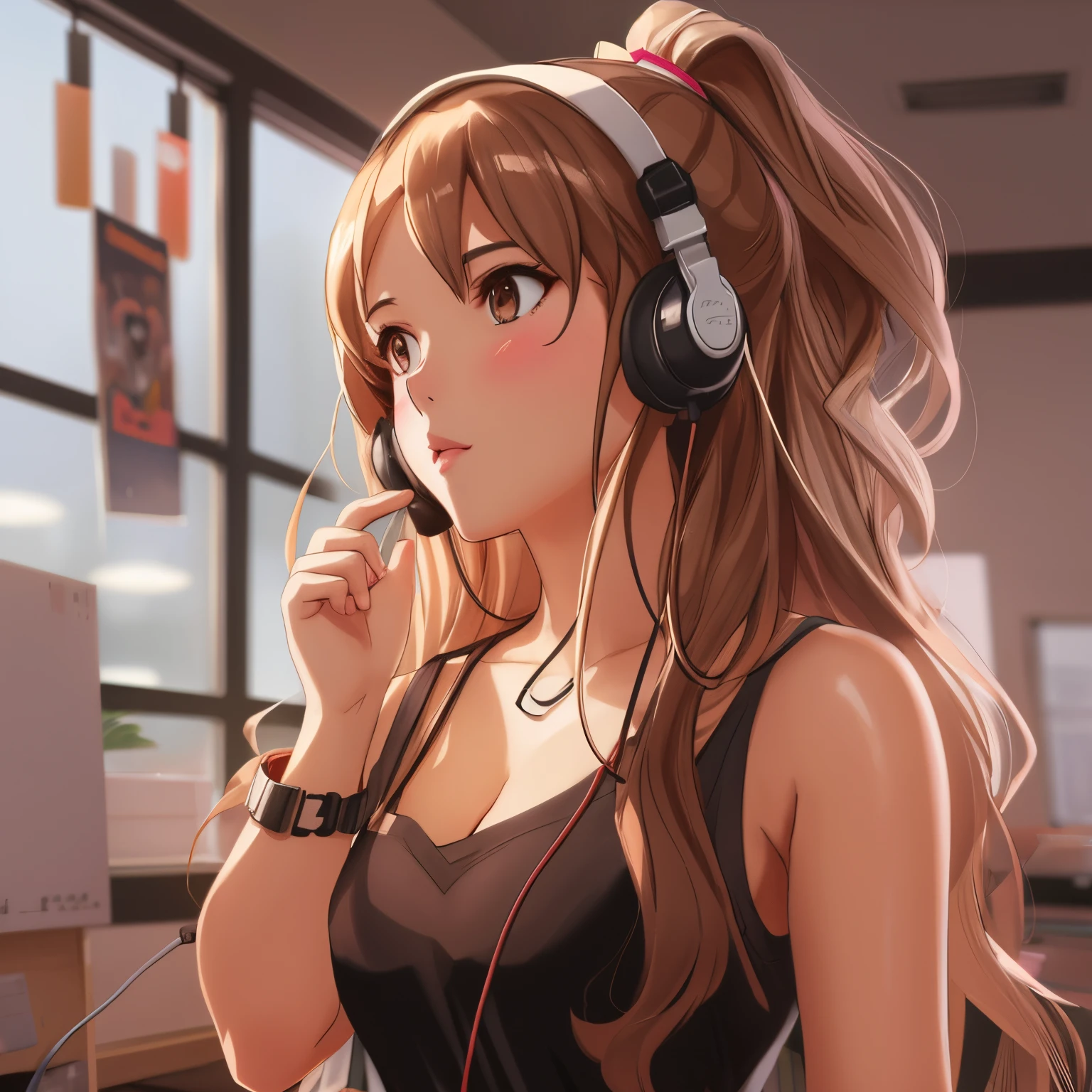 There's a woman with headphones standing in a room., Estilo Artgerm, Pokimane, Modelo IG | Artgerm, En el estilo Artgerm, Artgerm extremadamente detallado, Artgerm. Anime illustration, Alena Aenami y Artgerm, Artgerm y Atey Ghailan, Retrato de Artgerm