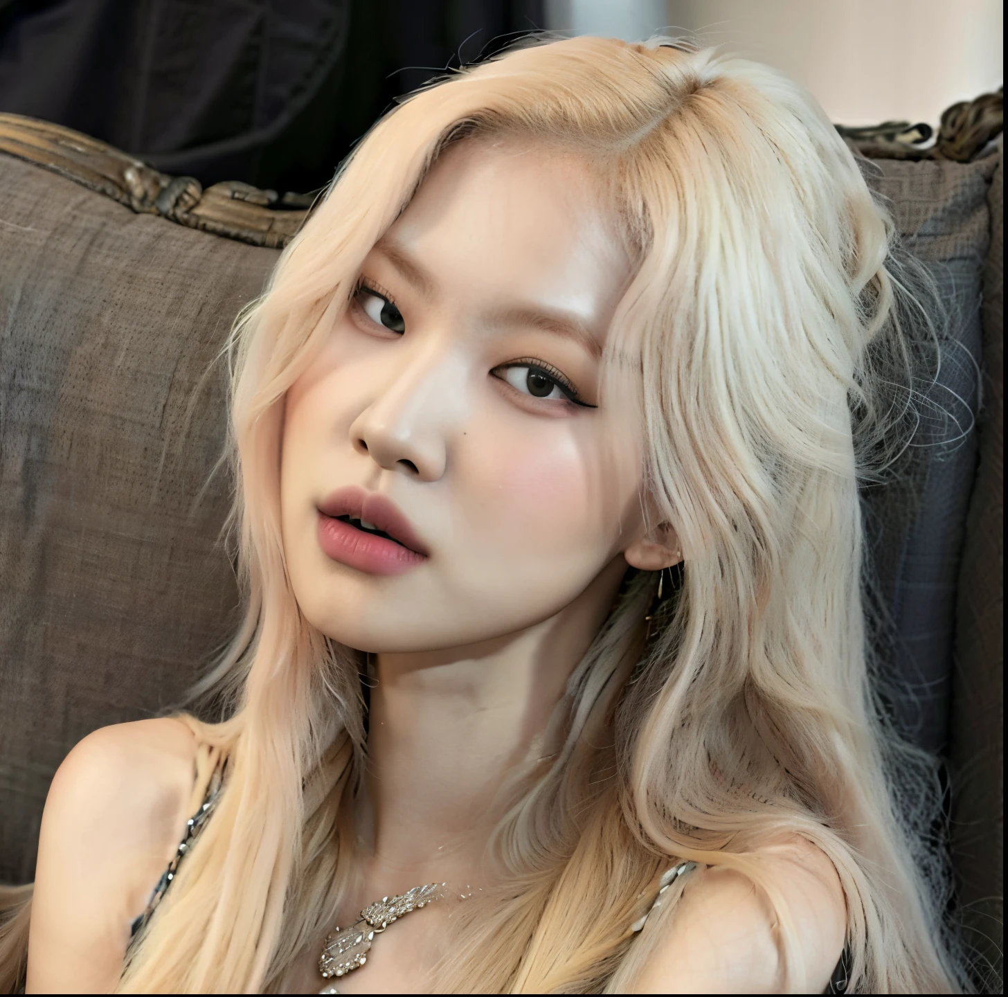 A closeup of a woman with long blond hair sitting on a sofa, Parque Roseanne do Blackpink, coreana, pale hair, o cabelo dela branco, com cabelos longos brancos, com longos cabelos brancos, meninaita de cabelos brancos, Mulher sul-coreana bonita, extremely pale blond hair, very very pale blond hair, Jaeyeon Nam, Heonhwa Choe