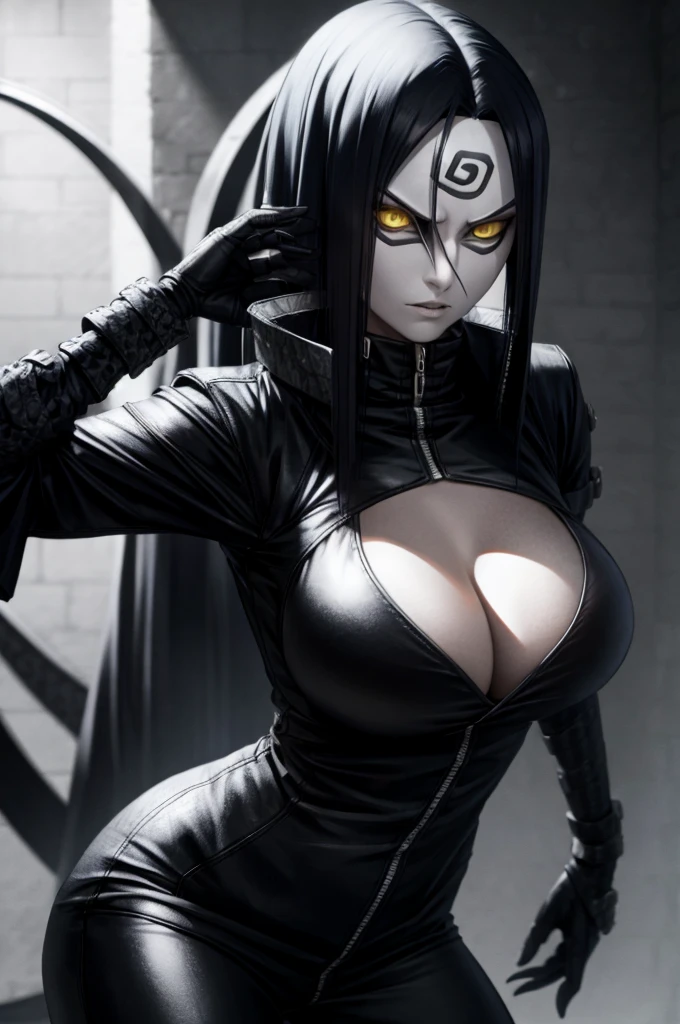 orochimaru of naruto, female version, realistic style, yellow eyes, sloppy clothes, gothic, biker, sharp look, big breast