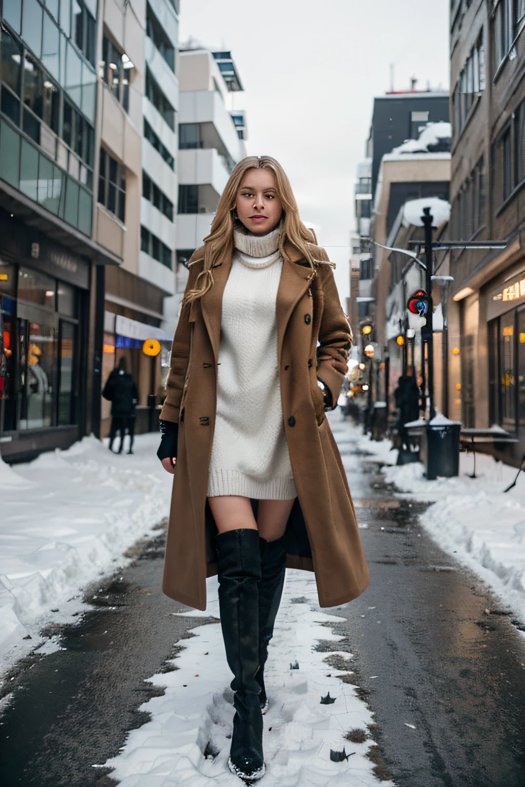 A dynamic winter photoshoot set in an urban environment, the blonde girl with blue eyes and big breast, perfect form, wearing a chic wool coat and thigh-high suede boots, surrounded by snow-covered city streets and modern architecture, her confident pose capturing the essence of urban winter fashion, Photography, Sony A7III with a 50mm lens, f/1.8,