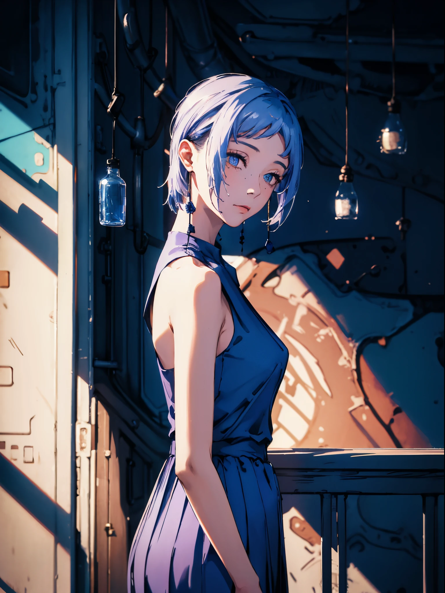 best quality, masterpiece, 1girl, blue dress, shoulders, blue aesthetic, shiny natural skin texture, long dress, small waist, detailed eyes, blue, moon behind her back