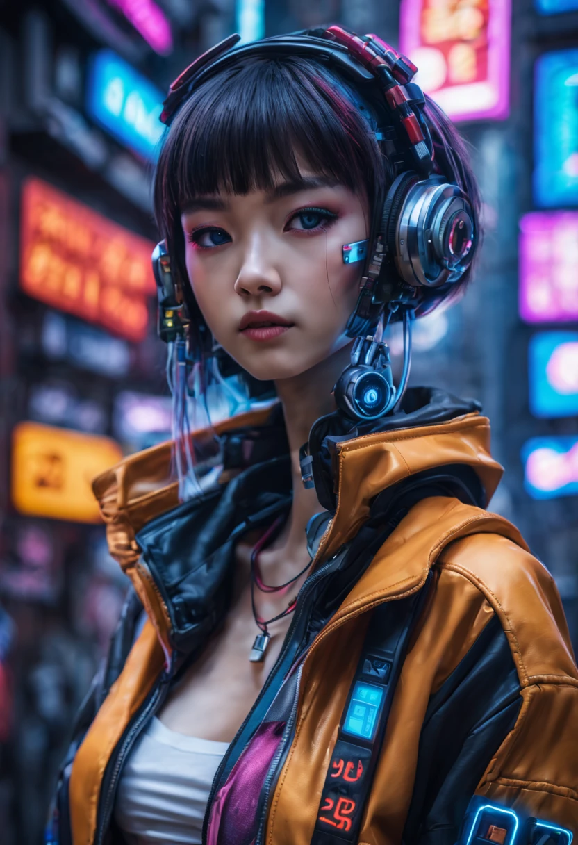 ((extremely delicate and beautiful cybernetic girl)), ((mechanical limb, blood vessels connected to tube, mechanical vertebrae)), ((mechanical cervical attaching to neck)), (wires and cables attaching to neck:1.2), ((mass of wires and cables on head)), ((wearing colorful Harajuku tech jacket with logos)), (character focuacing camera pose)), ((cowboy shot)), (masterpiece), (((best quality))), ((ultra-detailed)), (highly detailed photorealistic CG illustration), cinematic lighting, science fiction, extremely detailed,colorful,highest detail, (((cyberpunk city background, (Blade Runner), Harajuku district)))