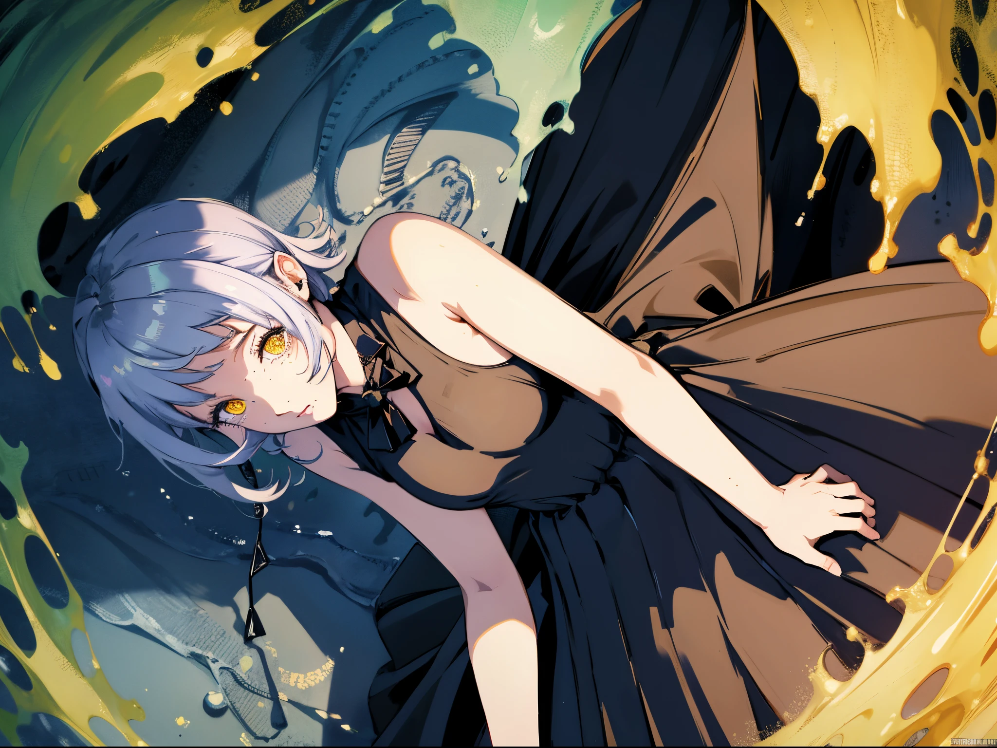 best quality, masterpiece, 1girl, yellow eyes, black dress, shoulders, blue aesthetic, shiny natural skin texture, long dress, small waist, detailed eyes, blue