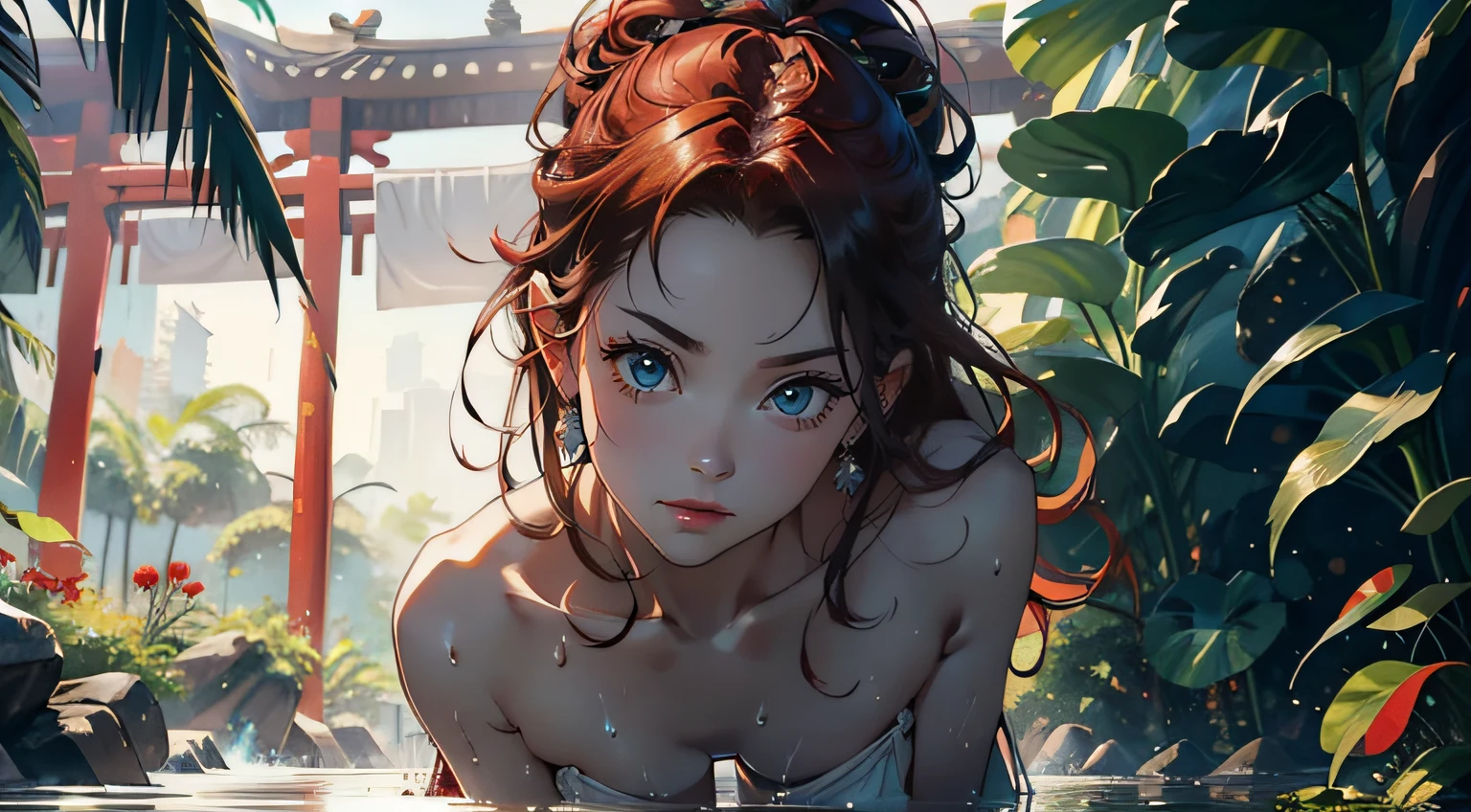 (( red hair)) 1female，1 year old，Slim，Small lolmallunderboob ，Pornographic exposure， 独奏，（Background with：Lotus pond，the rainforest，Surrounded by lotus flowers） She has short black hair，standing on your feet，Sweat profusely，drenched all over the body，seen from the front， hair straight， mostly cloudy sky，（（（tmasterpiece），（Very detailed CG unity 8K wallpaper），best qualtiy，cinmatic lighting，detailed back ground，beatiful detailed eyeright pupils，（Very fine and beautiful），（Beautiful and detailed eye description）Black eyes，ultra - detailed，tmasterpiece，）），facing at camera，A high resolution，ultra - detailed），revealing breastare genitalia，  Bulge，legs are open，Raised sexy，Camel toelushed complexion，Open-mouthed，frontage，elementary student，China Princess，a ball head（Wearing：White Hanfed hair))(( red hair))