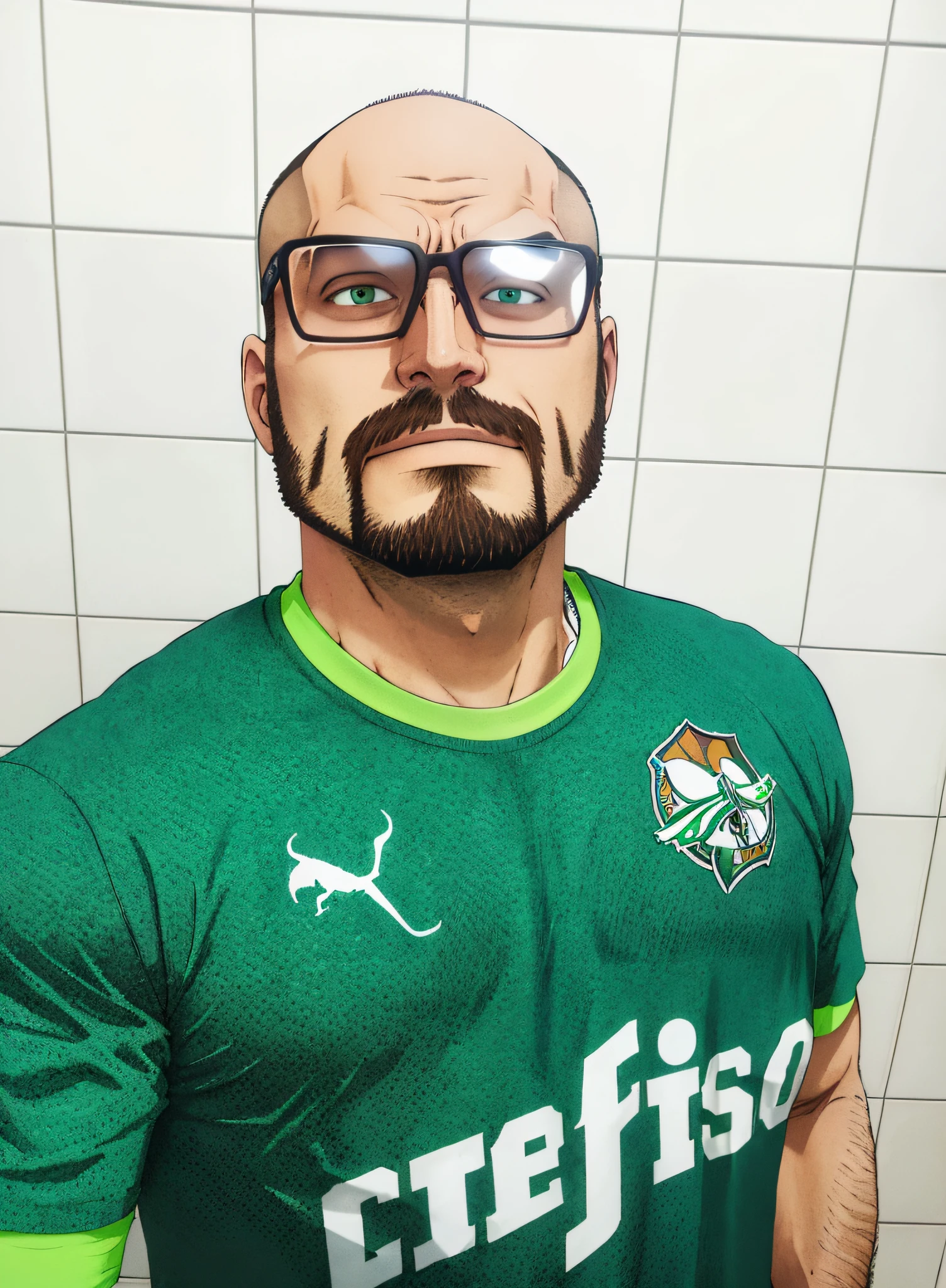 Homem de 30 anos, wearing brown glasses and a thin beard, standingn, vestindo uma camisa verde do time de futebol, Foto selfie 8k, filmado no iphone, GTA San Andreas estilo