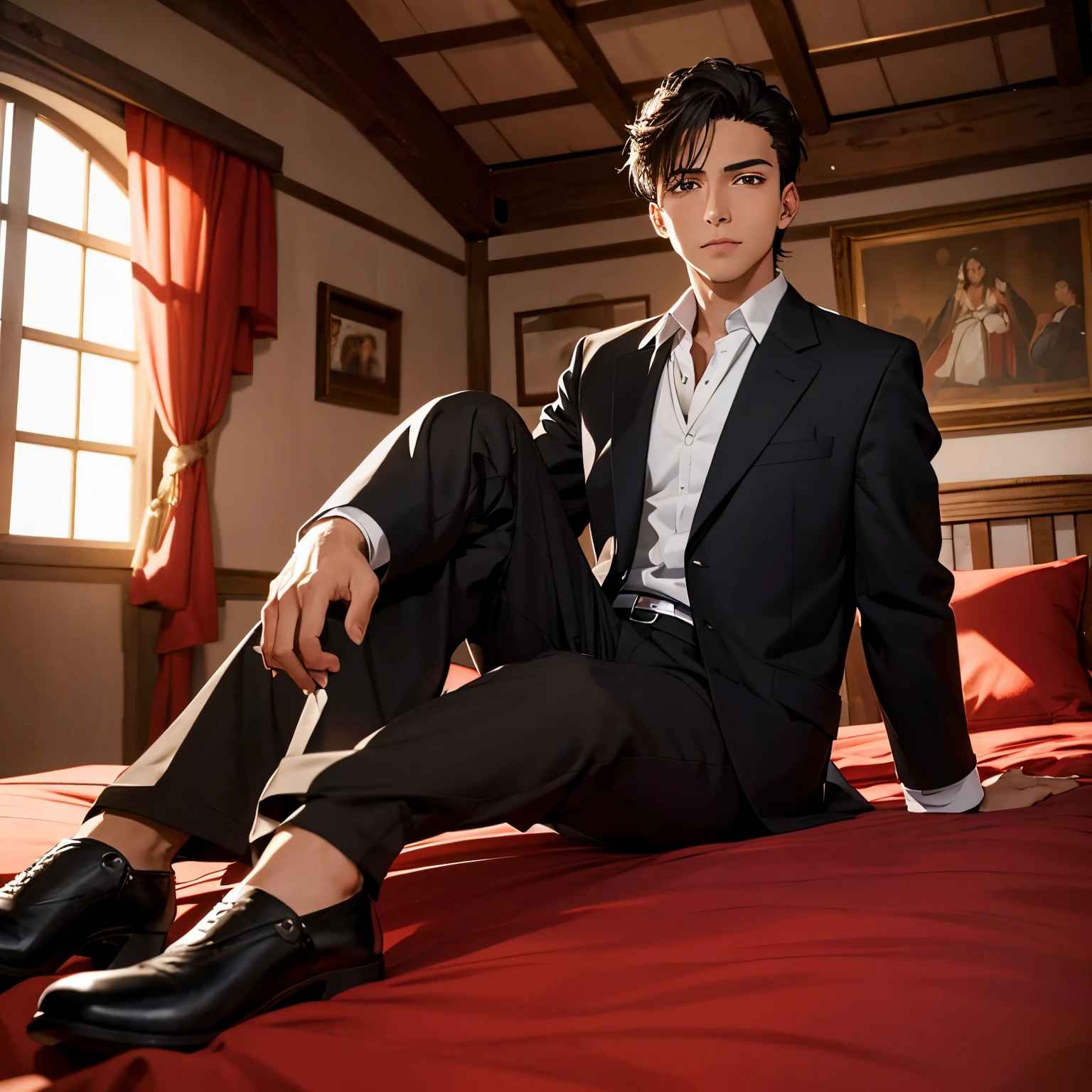 Hombre principe, estilo anime, 24 year old young man sitting on a bed in a guest room of a medieval castle, piel morena marron latinoamericana, pelo negro liso y corto, ojos marrones oscuros abiertos, sonrisa reconfortante, camisa blanca, Long black trousers, correa de cuero negro, y zapatos de cuero negros.