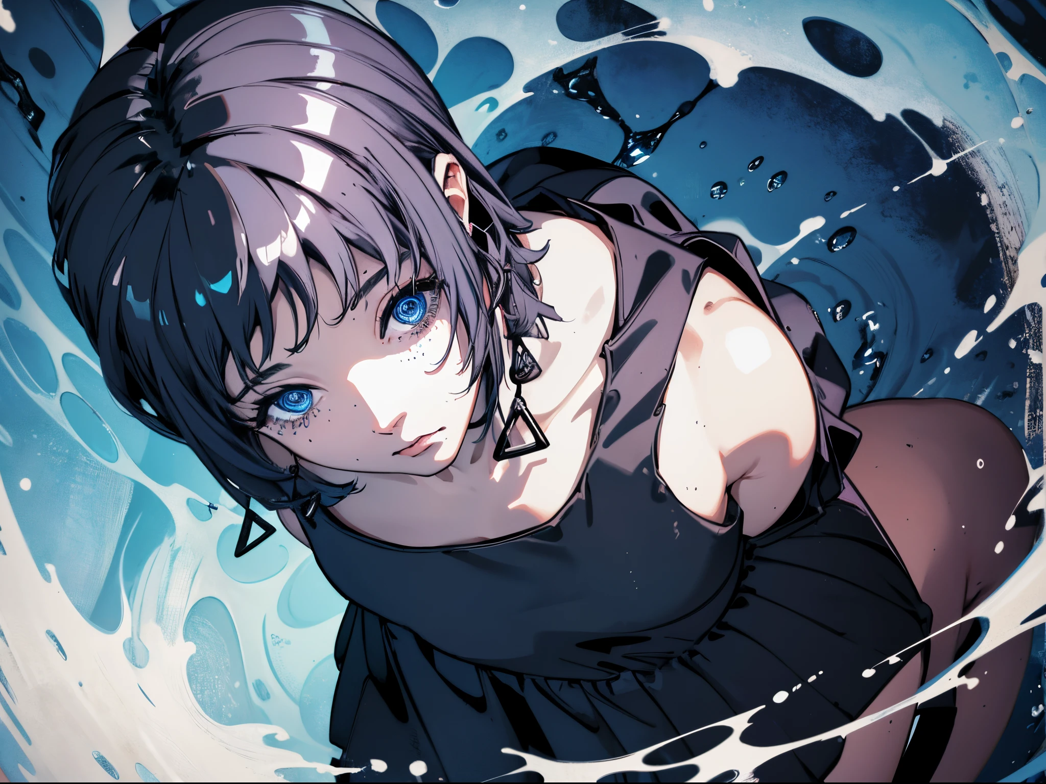 best quality, masterpiece, 1girl, eyes, black dress, shoulders, blue aesthetic, shiny natural skin texture, long dress, small waist, detailed eyes, blue