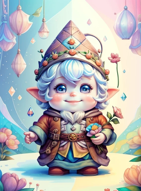 (cute gnome smiling holding a flower in a beautiful florest) Munchkin ,Geometric multidimensional wall portrait, livro de arte, Tchibi,
Yang08k, Beautiful, Colouring,
Obras, of the highest quality, best quality, Arte Oficial, Beautiful and Aesthetic,