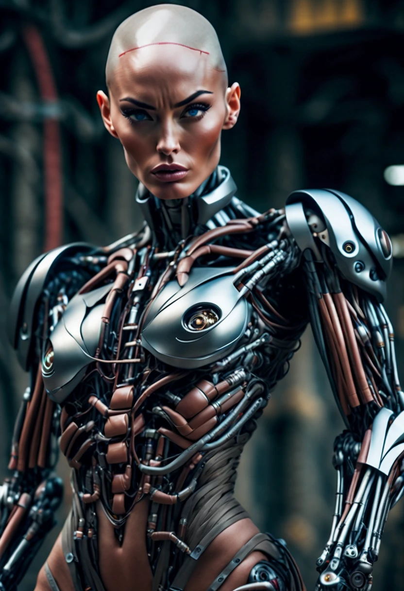 (beautiful muscular female cyborg:1.25), (megan-fox:1.5), (full body pose), (metallic muscular armor:1.5), (no hair), (bald head covered in cables:1.5), (robotic mechanical physique:1.5), (super muscular female cyborg:1.5), (covered in cables and mechanical muscles:1.5), (android muscular anatomy:1.5), (perfect fingers:1.25),(8k, RAW photo, photorealistic:1.25), sci fi atmosphere, futuristic dystopia, alien landscape,