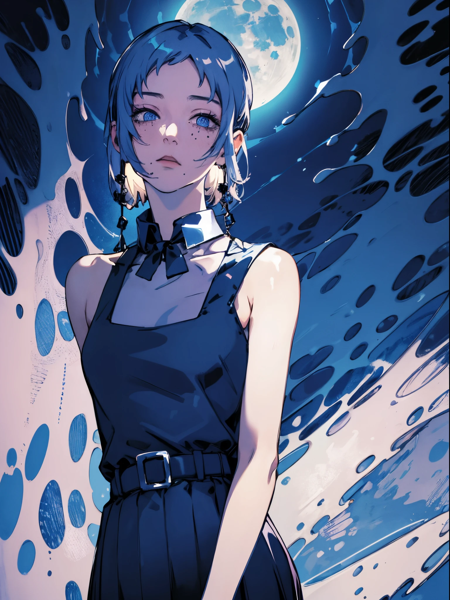 best quality, masterpiece, 1girl, blue dress, shoulders, blue aesthetic, shiny natural skin texture, long dress, small waist, detailed eyes, blue, moon behind her back