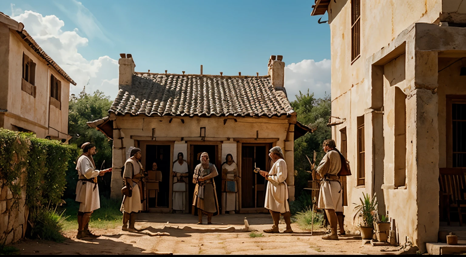 Image of many men surrounding a house in biblical times, best quality, 8k, realistic