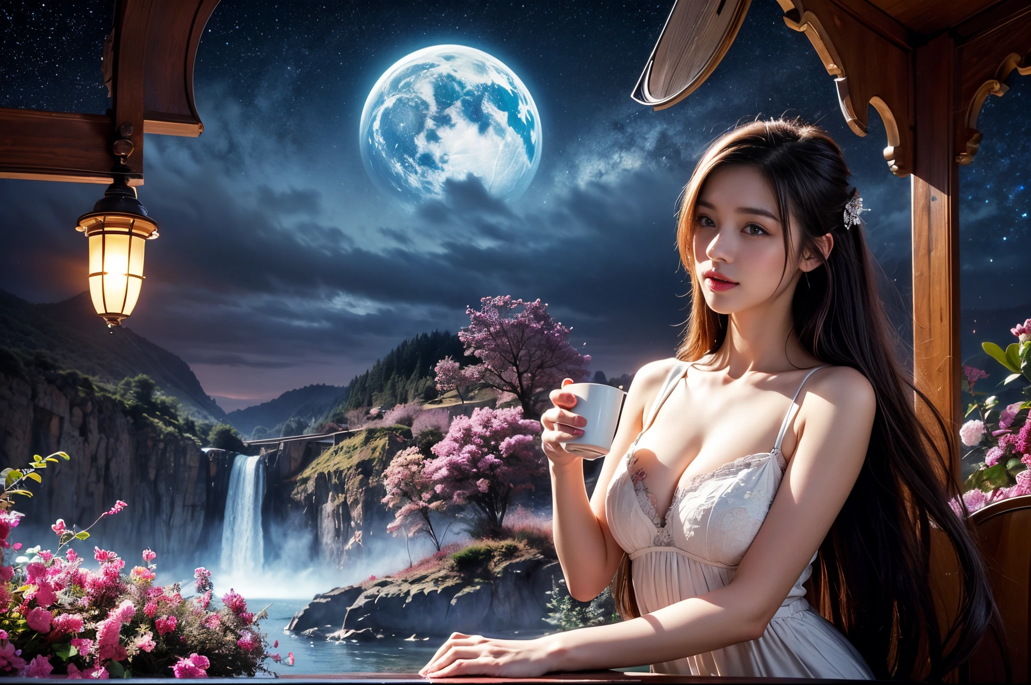 "((Surreal)) painting of a serene ((girl)) enjoying tea in a whimsical space garden, vibrant galaxy backdrop, intricate train winding through the celestial flora, dreamy atmosphere, ethereal colors, ((fantasy)) scene