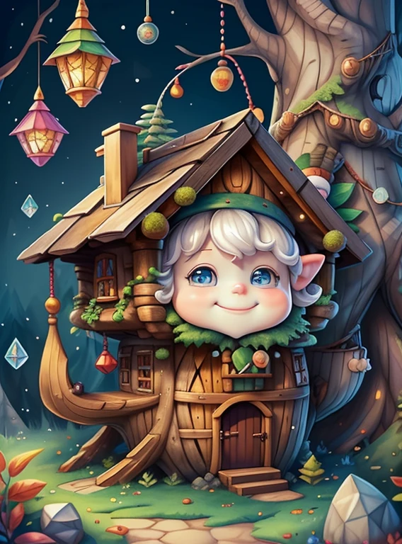 (cute baby gnome smiling with a tree house) Munchkin   ,Geometric multidimensional wall portrait, livro de arte, Tchibi,
Yang08k, Beautiful, Colouring,
Obras, of the highest quality, best quality, Arte Oficial, Beautiful and Aesthetic,