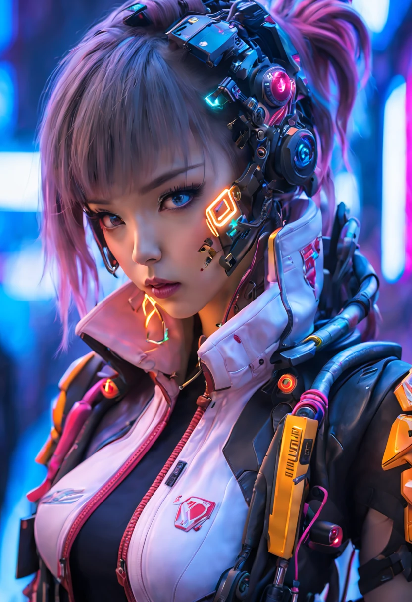 ((extremely delicate and beautiful cybernetic girl)), ((mechanical limb, blood vessels connected to tube, mechanical vertebrae)), ((mechanical cervical attaching to neck)), (wires and cables attaching to neck:1.2), ((mass of wires and cables on head)), ((wearing colorful Harajuku tech jacket with logos)), (character focuacing camera pose)), ((cowboy shot)), (masterpiece), (((best quality))), ((ultra-detailed)), (highly detailed photorealistic CG illustration), cinematic lighting, science fiction, extremely detailed,colorful,highest detail, (((cyberpunk city background, (Blade Runner), Harajuku district)))