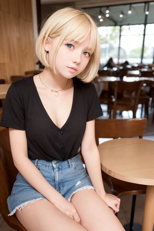 a very cute blonde 14yo girl exposing little breast, sitting in cafe posing for picture, bob-cut hair, raw photo