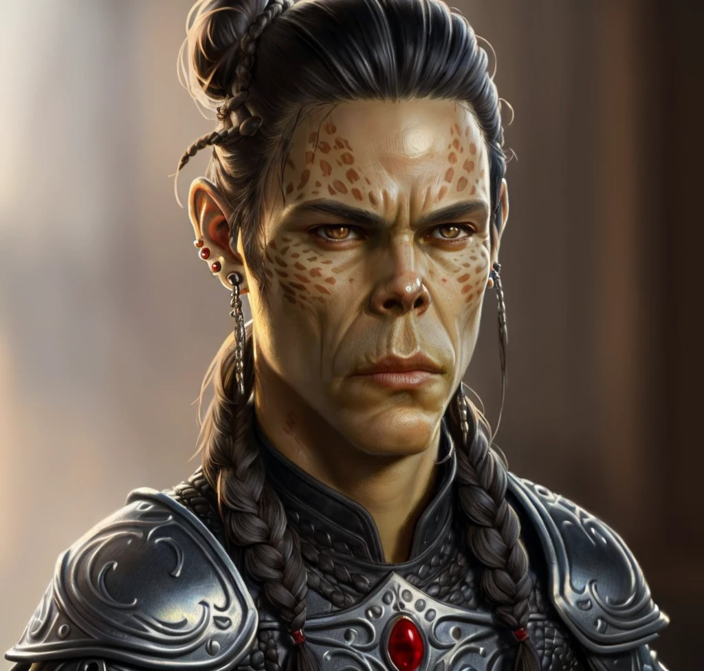 githyanki, solo, looking at viewer, male, black leather armor, black hair, small braids, bun, spiky earrings, male focus, portrait, hyperrealistic, intricately detailed, ((masterpiece, best quality)), art by greg rutkowski, artwork trending on artstation