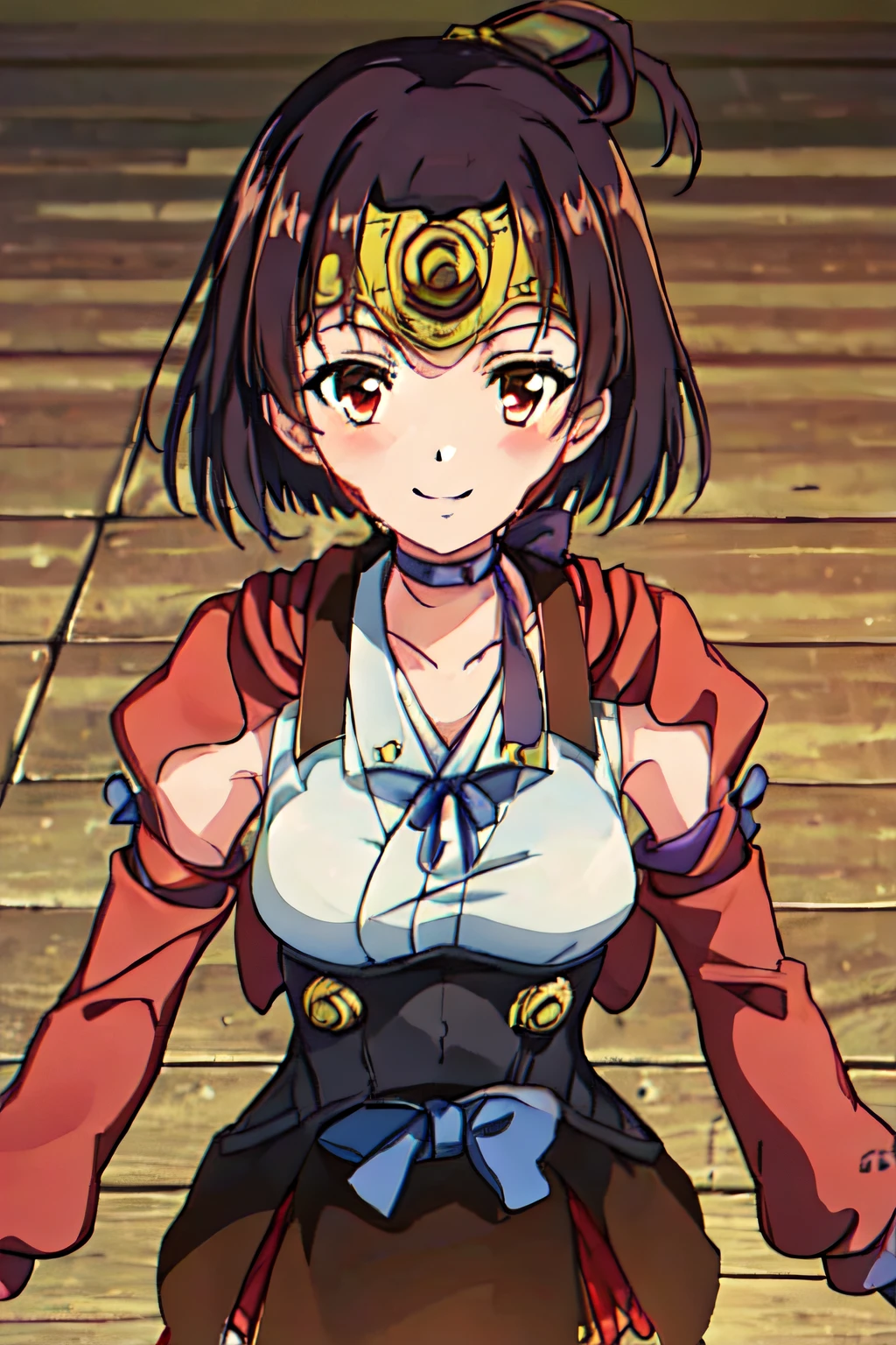 MUMEI_\(KABANERI\), bandages, (bandaged_leg), short_hair, breasts, ribbon_choker, choker, brown_eyes, brown_hair, bandaged_leg, japanese_clothes, (fingerless_gloves) ,red_eyes, corset, purple_ribbon, blue_bow, (leg_wrap), sash, 1girl, solo, upper body, facing viewer, looking at viewer, smile,