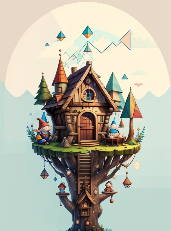 (cute baby gnome smiling with a tree house) Munchkin   ,Geometric multidimensional wall portrait, livro de arte, Tchibi,
Yang08k, Beautiful, Colouring,
Obras, of the highest quality, best quality, Arte Oficial, Beautiful and Aesthetic,