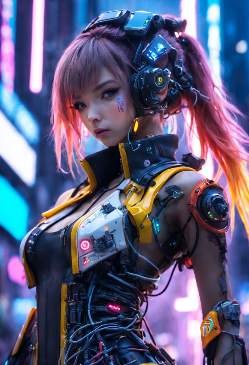 ((extremely delicate and beautiful cybernetic girl)), ((mechanical limb, blood vessels connected to tube, mechanical vertebrae)), ((mechanical cervical attaching to neck)), (wires and cables attaching to neck:1.2), ((mass of wires and cables on head)), ((wearing colorful Harajuku tech jacket with logos)), (character focuacing camera pose)), ((cowboy shot)), (masterpiece), (((best quality))), ((ultra-detailed)), (highly detailed photorealistic CG illustration), cinematic lighting, science fiction, extremely detailed,colorful,highest detail, (((cyberpunk city background, (Blade Runner), Harajuku district)))