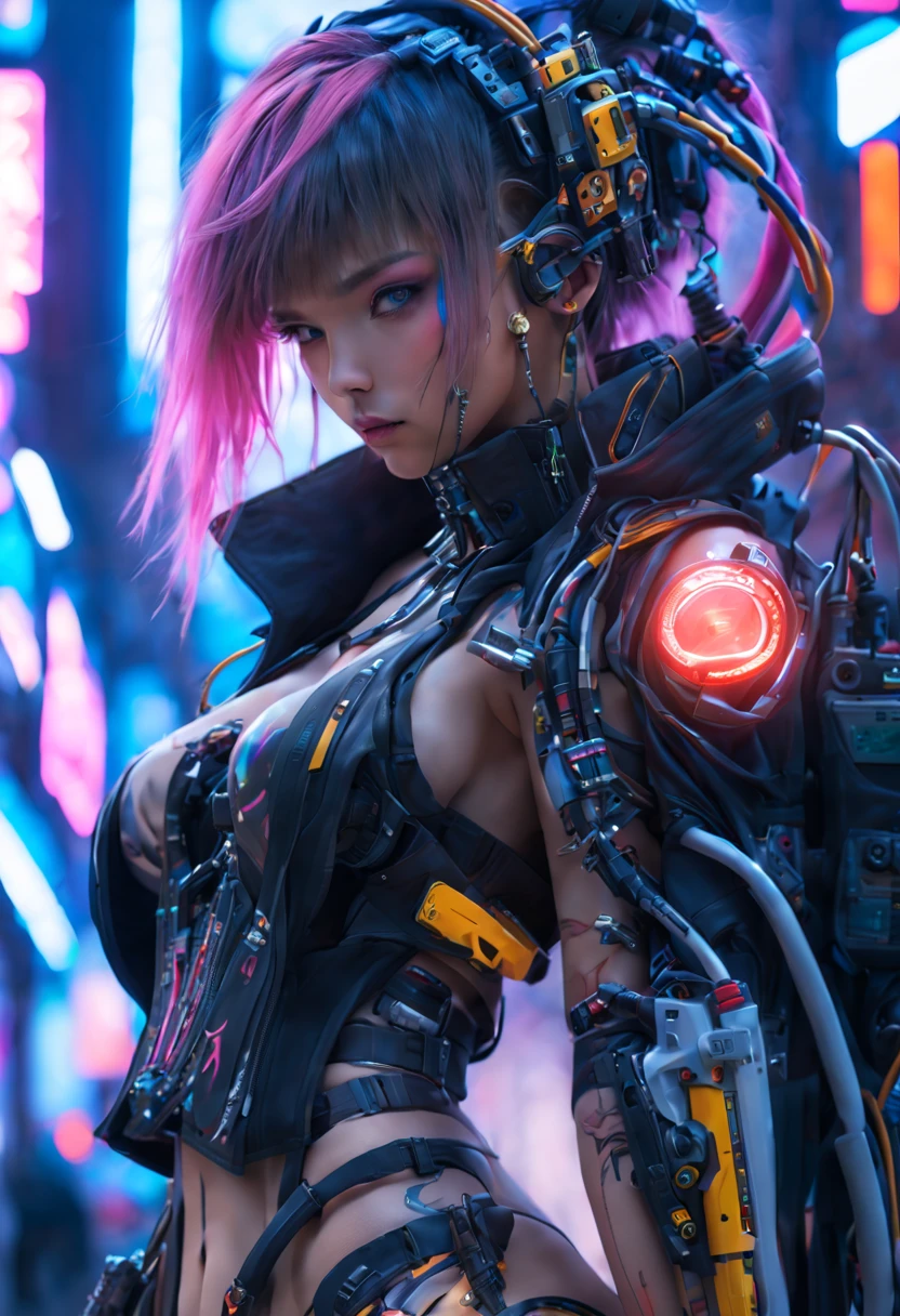 ((extremely delicate and beautiful cybernetic girl)), ((mechanical limb, blood vessels connected to tube, mechanical vertebrae)), ((mechanical cervical attaching to neck)), (wires and cables attaching to neck:1.2), ((mass of wires and cables on head)), ((wearing colorful Harajuku tech jacket with logos)), (character focuacing camera pose)), ((cowboy shot)), (masterpiece), (((best quality))), ((ultra-detailed)), (highly detailed photorealistic CG illustration), cinematic lighting, science fiction, extremely detailed,colorful,highest detail, (((cyberpunk city background, (Blade Runner), Harajuku district)))