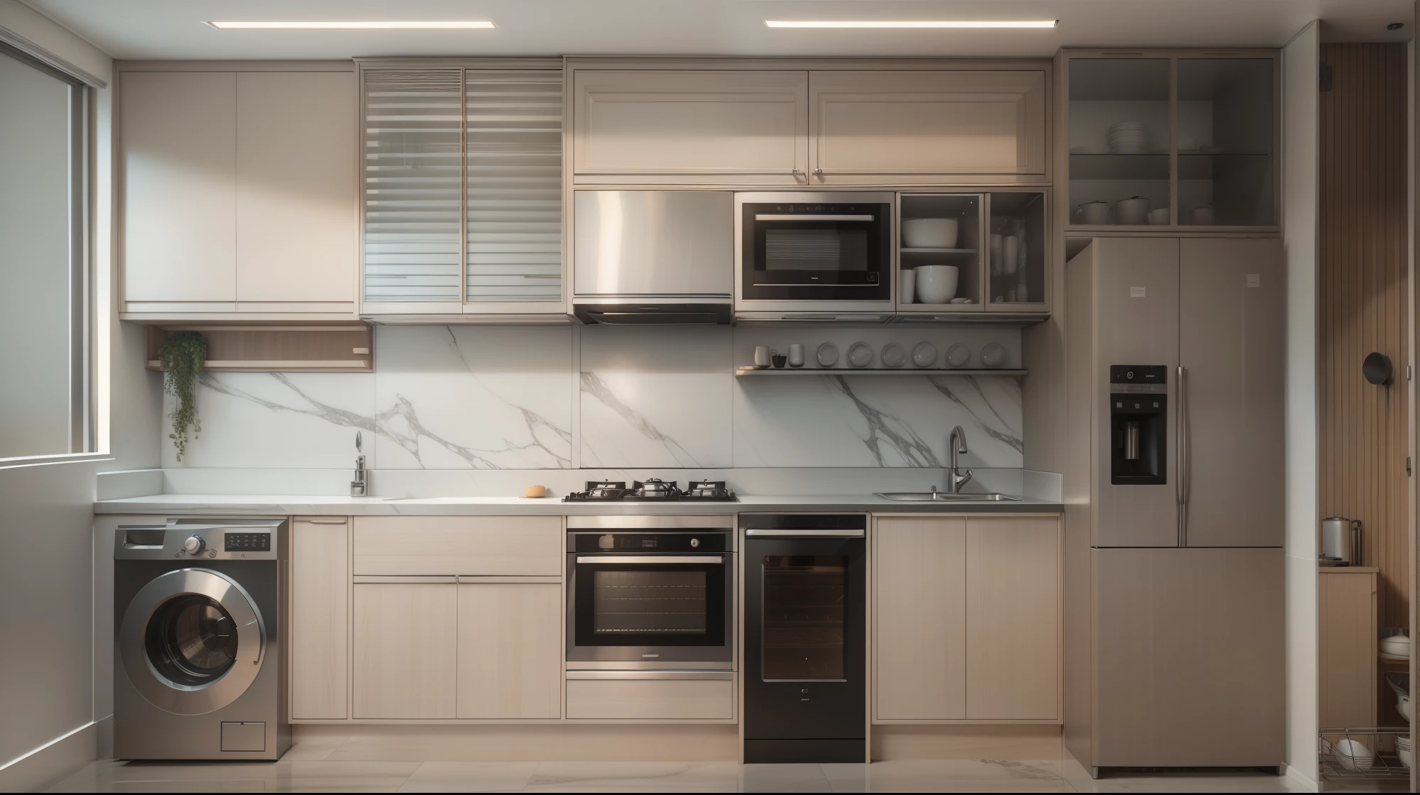 Estilo 3D realista, realistic film rendering, realistic afternoon lighting, High quality 3D Rendering, High quality 3D Rendering, Realistic 4D cinema rendering, Estilo ultra realista, cozinha moderna, beige upper cabinets, gray lower cabinets, geladeira de inox, stainless steel dishwasher, microondas de inox, secadora de inox, depurador de inox.