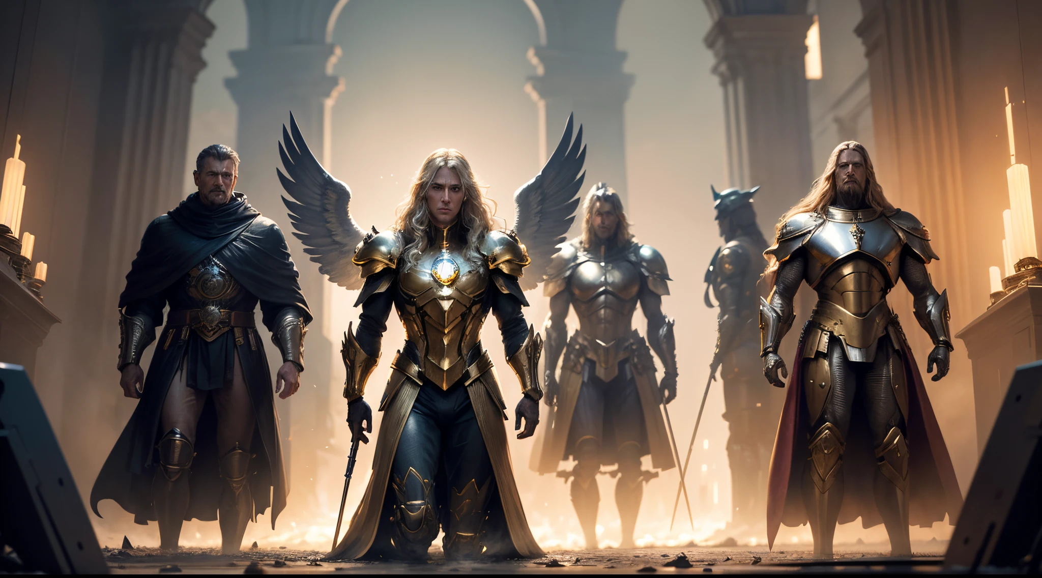 Ultra-realistic 8k image of Archangel Uriell standing proudly in his gleaming gold armor. His long blonde hair flows gracefully. The scene behind him depicts a divine castle, while a fierce battle between heavenly angels unfolds., cinematic, 4k, epic Steven Spielberg movie still, sharp focus, emitting diodes, smoke, artillery, sparks, racks, system unit, motherboard, by pascal blanche rutkowski repin artstation hyperrealism painting concept art of detailed character design matte painting, 4 k resolution blade runner