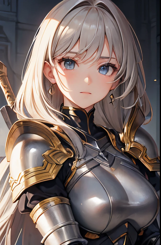 (masterpiece, flawless quality:1.2), stern, full armor, axe, tied back hair, tomboy, large bust
