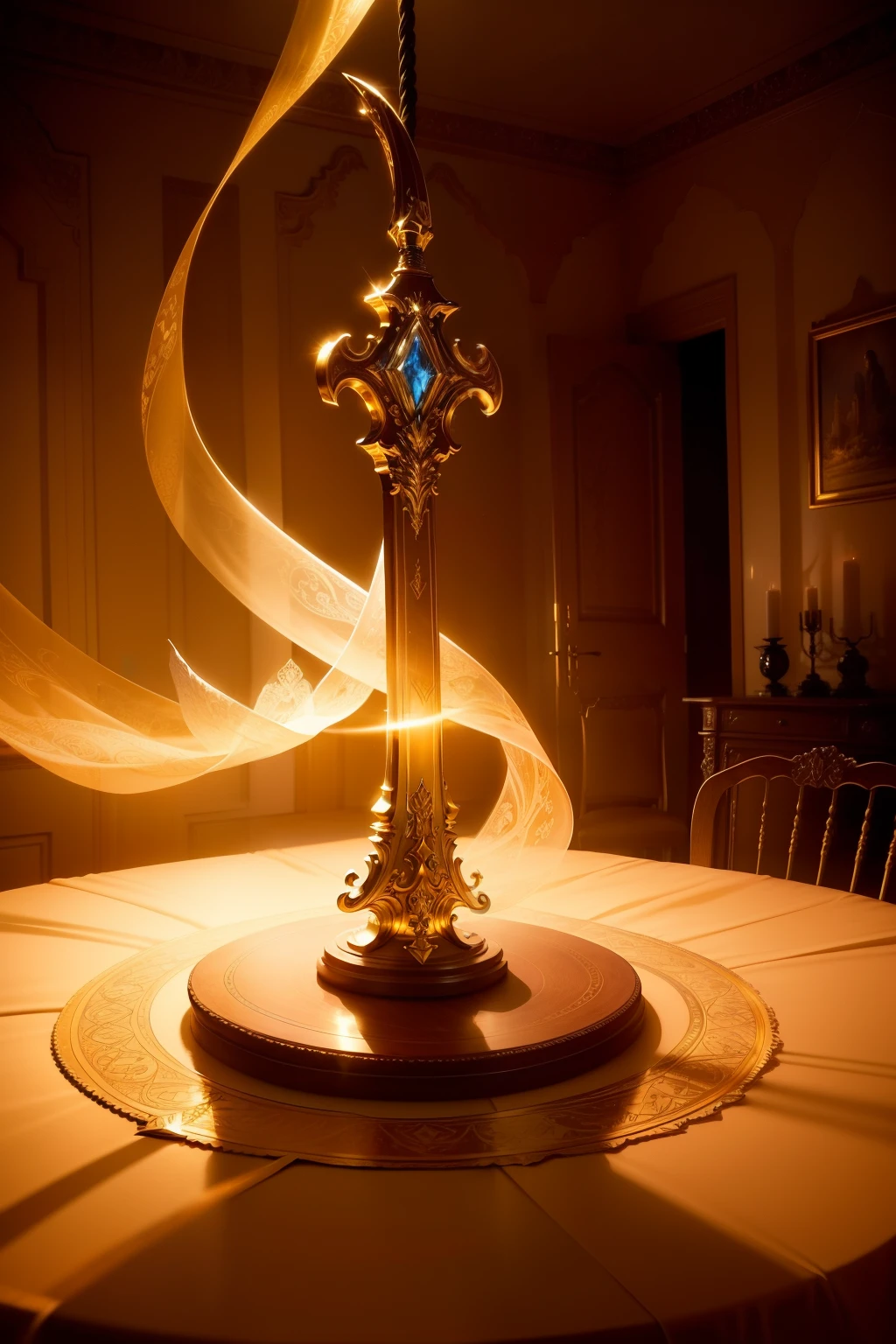 A beautifully detailed image of an enchanted sword lying on a table, glowing with magical energy. The blade, gleaming with a soft, warm light, curves and twists as it stretches from hand to hand, creating a mesmerizing, ethereal trail of swirling flames. The surrounding room bathed in a warm, golden light, casting a warm glow on the . macro lens, golden hour, soft lighting