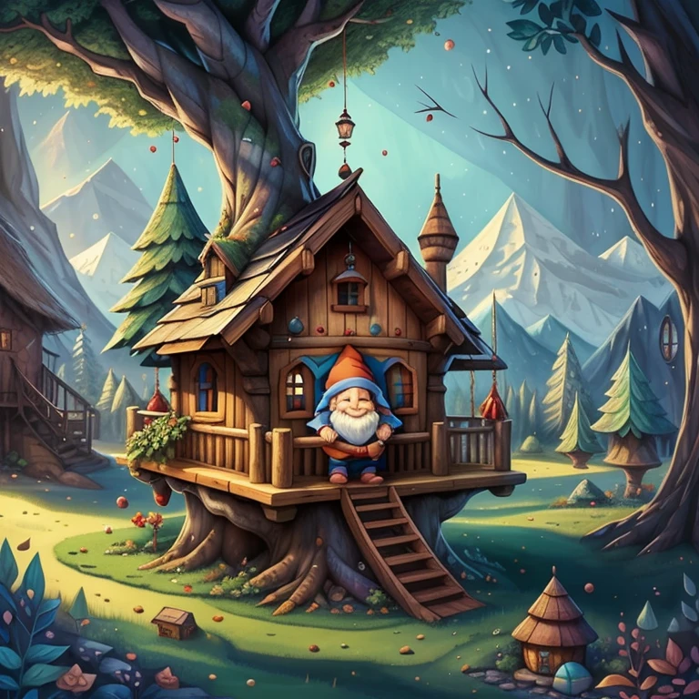 (cute gnome smiling with a tree house) Munchkin ,Geometric multidimensional wall portrait, livro de arte, Tchibi,
Yang08k, Beautiful, Colouring,
Obras, of the highest quality, best quality, Arte Oficial, Beautiful and Aesthetic,