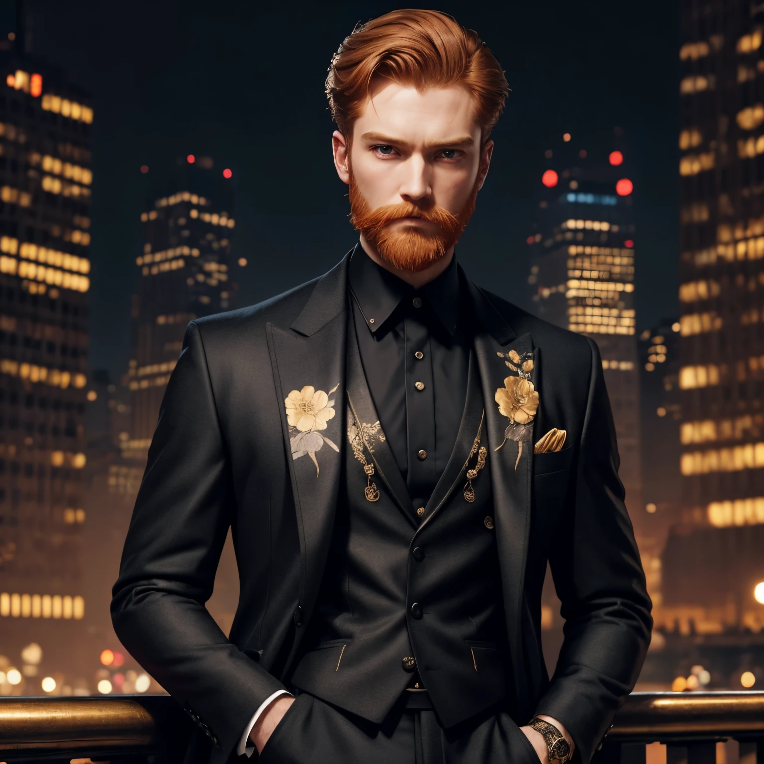 1man,solo,((detailed face and hair)), detailed clothes)),neat groomed short ginger beard, short ginger crew cut hair,handsome,wear black suit that has colorful floral pattern, wears longcoat over suit that has a gold trim and floral patterns,serious face,left hand holds magic energy, new york night background