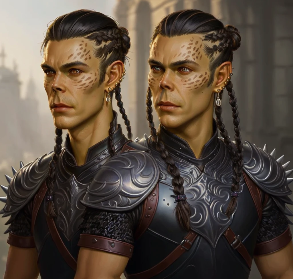 githyanki, solo, young, handsome, looking at viewer, male, black leather armor, black hair, small braids, bun, spiky earrings, male focus, portrait, hyperrealistic, intricately detailed, ((masterpiece, best quality)), art by greg rutkowski, artwork trending on artstation