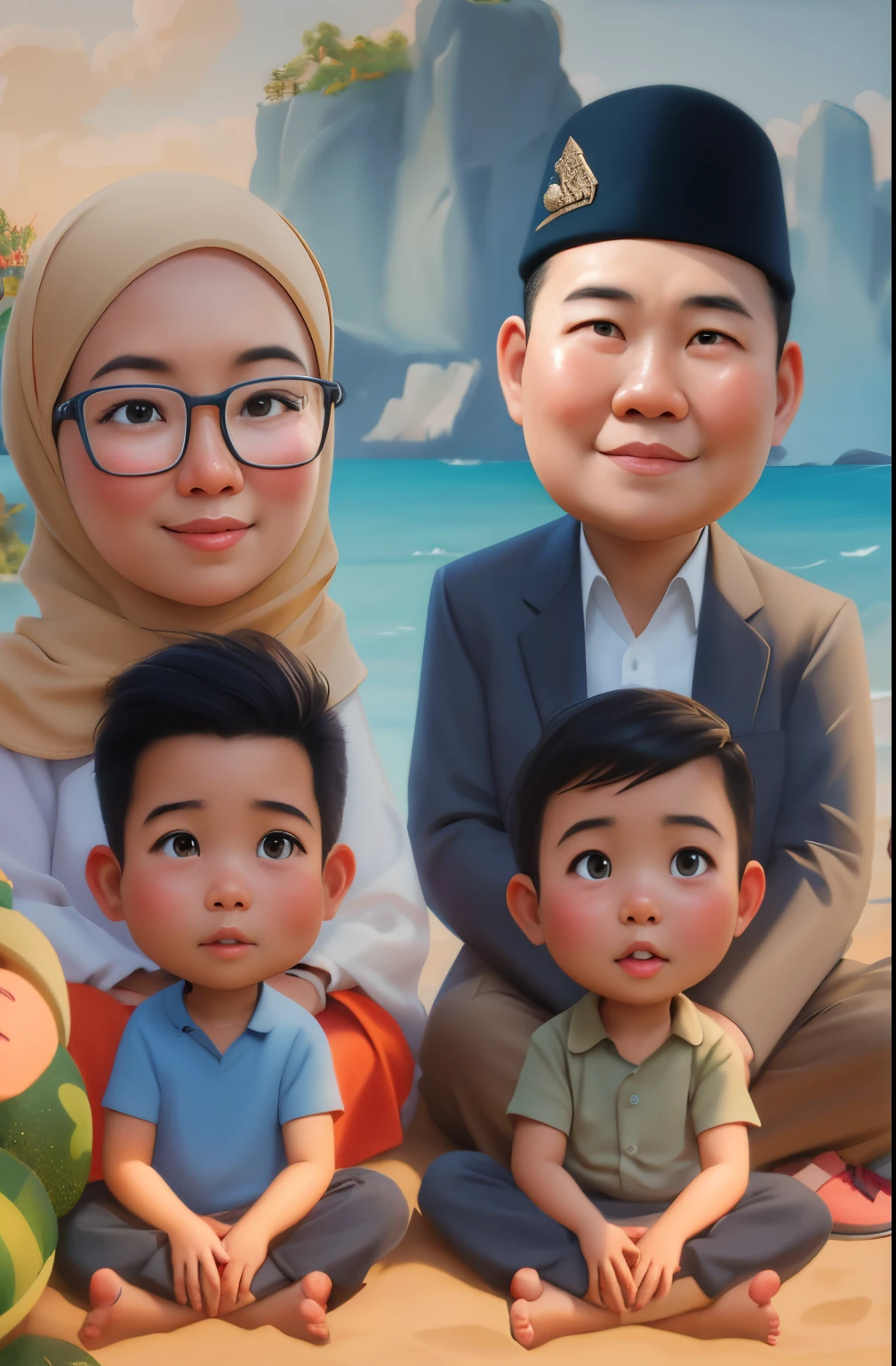 cartoon of a family of four standing in front of a playground, Woman wearing hijab,And wear a long skirt, caricature illustration, in cartoon style, caricature style, digital art cartoon, potrait, cartoon digital art, cartoon digital painting, cartoon portrait, realism artstyle, realistic cartoon, cartoon artstyle, an indonesian family portrait, charicature, cartoon art, cartoon style illustration, children, by Abidin Dino