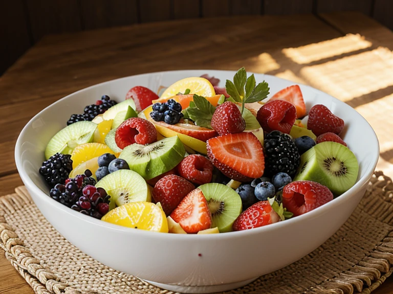 A healthy and delicious bowl of mixed fruits and berries, estilo: natural lightting